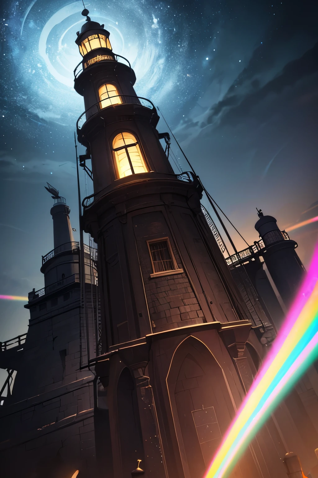 best quality, incredibly absurdres, extremely detailed, steampunk, dark fantasy, dark under the lighthouse, areas not exposed to light from the lighthouse are dimly lit, the neon light of the lighthouse shines in iridescent rainbows colors, motion-blur, action-lines, speed-lines, mixed works of various art, lighthouse keeper, background dark quay, dark sea, dark sky