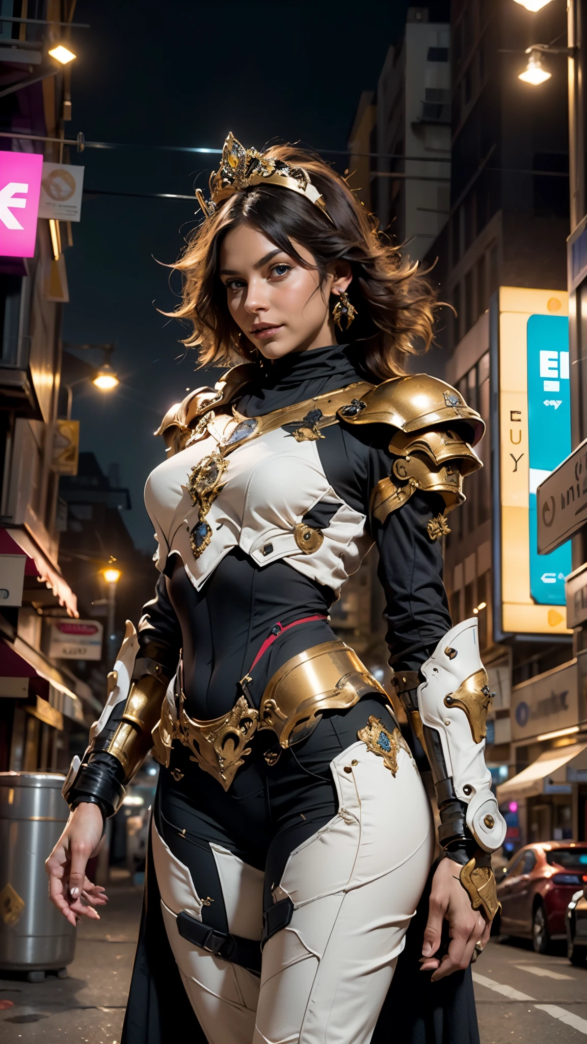 A woman adorned in fantasy-style full-body armor, a crown-concept fully enclosed helmet that unveils only her eyes, a composite layered chest plate, fully encompassing shoulder and hand guards, a lightweight waist armor, form-fitting shin guards, the overall design is heavy-duty yet flexible, ((the armor gleams with a golden glow, complemented by red and blue accents)), exhibiting a noble aura, she floats above the Futuristic city, this character embodies a finely crafted fantasy-surreal style armored hero in anime style, exquisite and mature manga art style, (Queen bee mixed with Spider concept Armor, photorealistic:1.4, real texture material:1.2, professional photo, cinematic), ((city night view, element, energy, elegant, goddess, femminine:1.5)), metallic, high definition, best quality, highres, ultra-detailed, ultra-fine painting, extremely delicate, anatomically correct, symmetrical face, extremely detailed eyes and face, high quality eyes, creativity, RAW photo, UHD, 32k, Natural light, cinematic lighting, masterpiece-anatomy-perfect, masterpiece:1.5