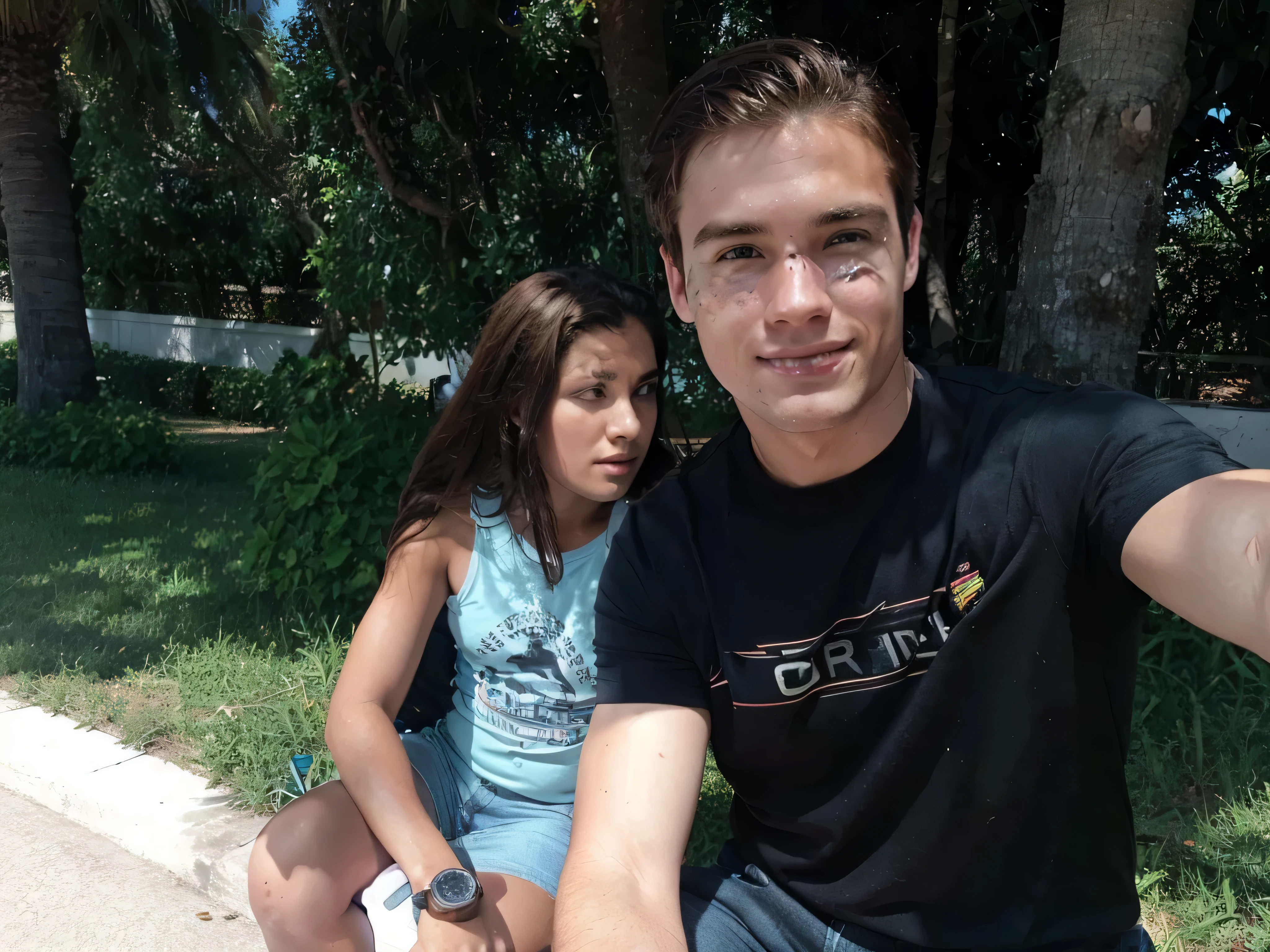  Mexican girl, smiling with her white boy best friend hugging.