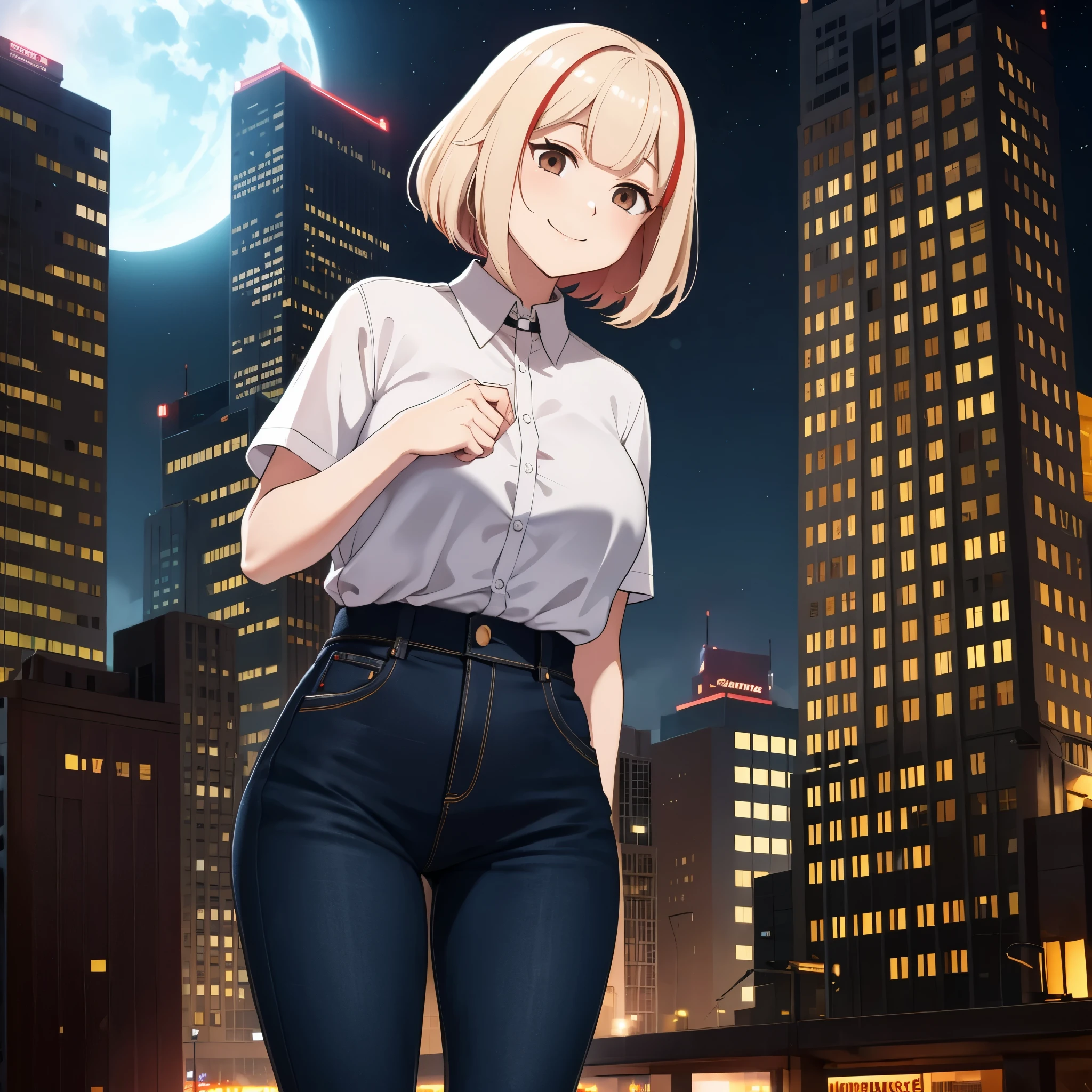 A woman wearing a white shirt, dark jeans, short blonde hair, red bangs, brown eyes, in a city at night, smiling.
