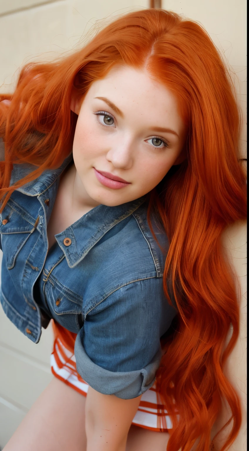 (Ella Hughes:Faye Reagan:Dani Jensen:1.0) a close up of a woman with short skirt with long red hair wearing a denim jacket, she has long redorange hair, she has long orange brown hair, flowing ginger hair, red hair and attractive features, long glowing red hair, curly copper colored hair, ginger wavy hair, long blonde or red hair, long orange hair, ginger hair, with long red hair, long loose red hair, skirt short, mini skirt