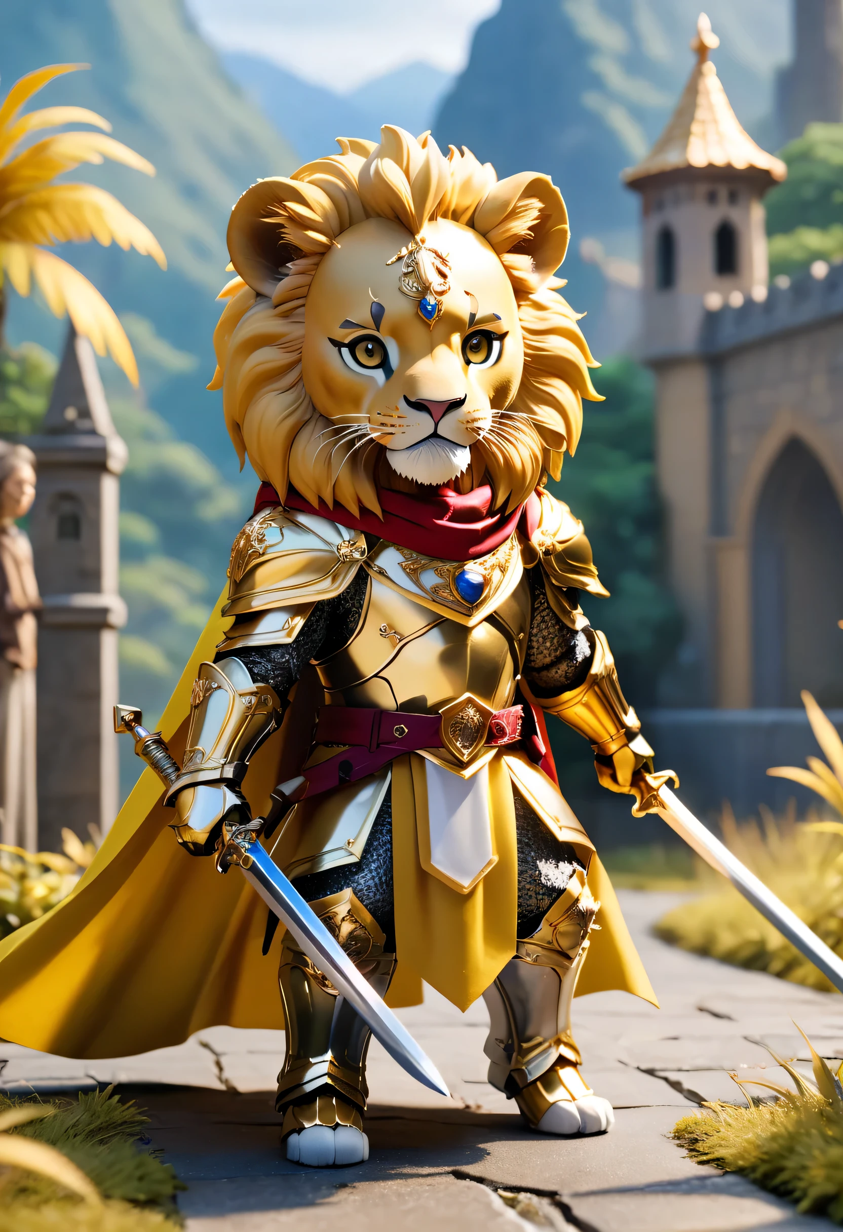 Full body Esbian、cool lion、pop lion、diorama、simple background、background white、bandana、gold armor、The king's cloak、Large sword、highest quality, Capture the cutest moments, written boundary depth, Super detailed, ultra high resolution, octadale, 8k, 16km race