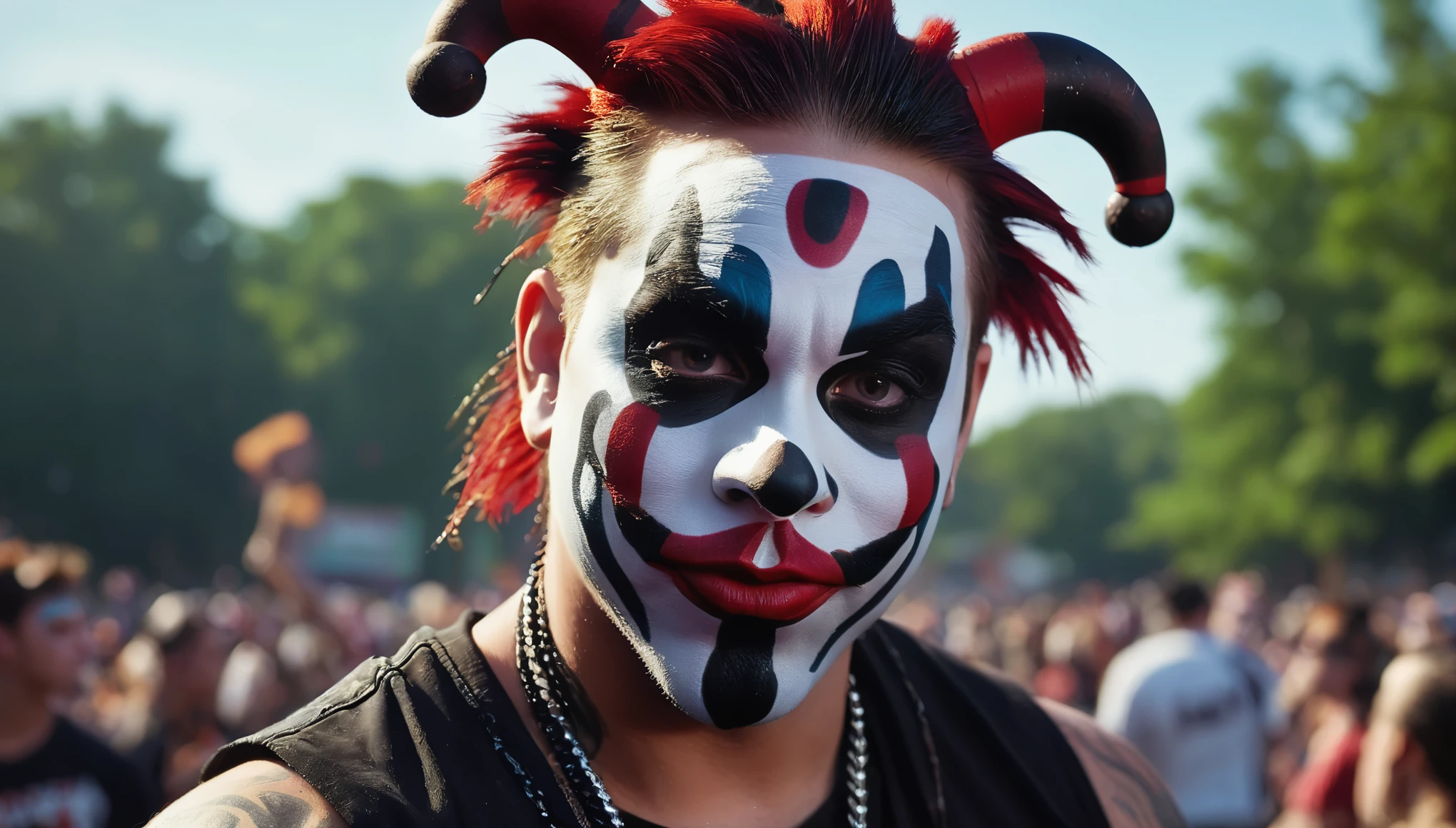 create an image demonstrating the style of ((Juggalo)) style, hyper realism, 8k high definition, vibrant colors, sharp focus, insanely detailed