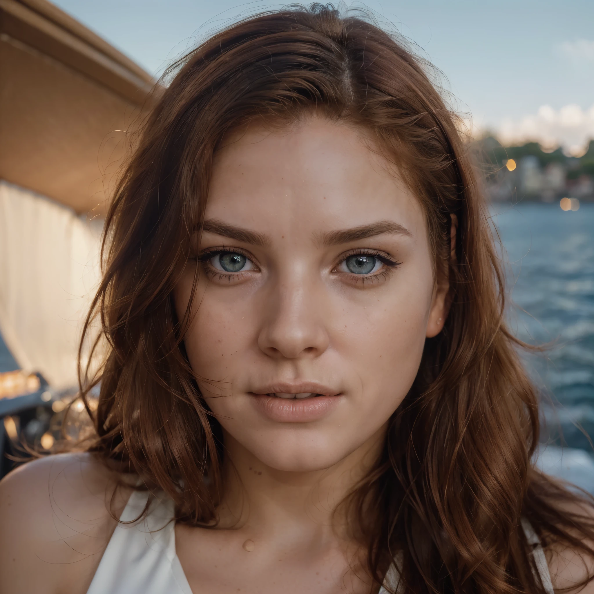 RAW uhd portrait (wide angle shot, editorial photograph of a 24-year-old blonde close-up, Natural red hair, castles, Wavy, (highly detailed face:1.4) (smile:0.7) (background luxury super yacht, moody, private study:1.3) POV, by lee jeffries, nikon d850, film stock photograph ,4 kodak portra 400 ,camera f1.6 lens ,rich colors ,hyper realistic ,lifelike texture, dramatic lighting , cinestill 800, (highly detailed face:1.4) (smile:0.7),perfect eyes, perfect iris, perfect lips, perfect teeth, perfect skin, soft front light, glow, HDR (brown-eyed woman) Prehistory, day sky, redhead, The background of (Red Summer Dress), (cutout), Detailed (textures!, Hair!, brightness, Color!, imperfections:1.1), High detail of light eyes, (looking at the camera), specular lighting, dslr, ultra quality, sharp-focus, Sharp, Depth of field, Film grain, (centered), Fujifilm XT3, Crystal clear, The center of the frame, cute face, sharp-focus, bokeh, (dimly lit), Low key, in day, (day sky).
