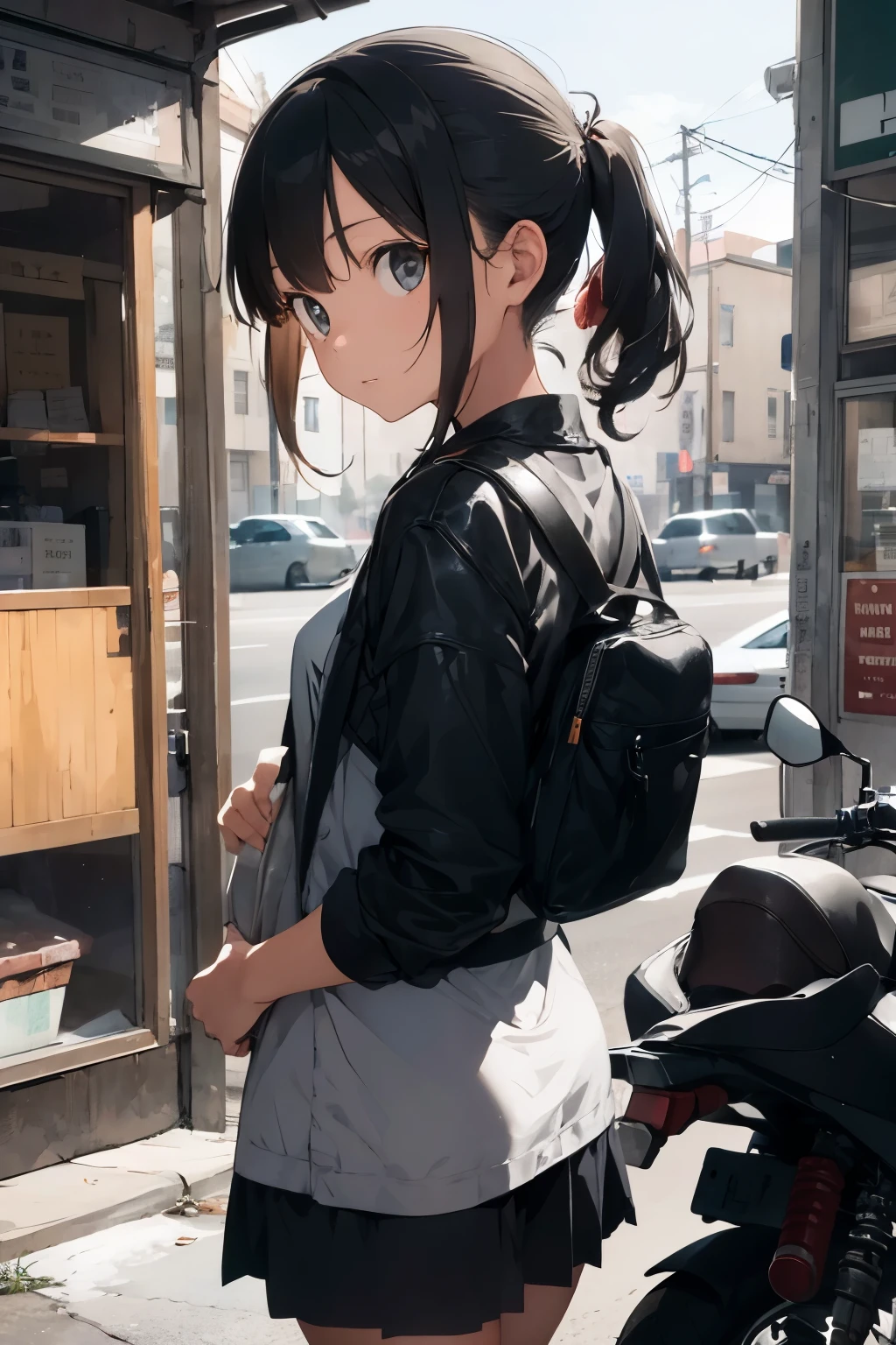 Girl looking behind the window at a man passing by on a motorcycle