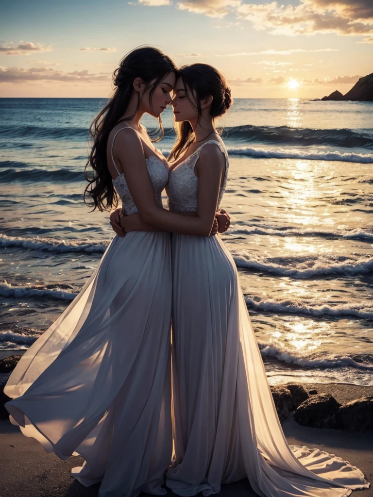 loving couple, standing, front, lighthouse, watching, sunrise, beautiful detailed eyes, beautiful detailed lips, extremely detailed eyes and face, long eyelashes, vivid colors, HDR, portraits, romantic atmosphere, golden sunlight, gentle breeze, sparkling ocean, warm embrace, peaceful horizon, glowing sky, calm sea, silhouette, happiness, love, joy, serene moment, perfect harmony, eternal love, high resolution, professional, masterfully painted, soft brushstrokes, realistic lighting, romantic colors, breathtaking view, captivating scene, magical ambiance.