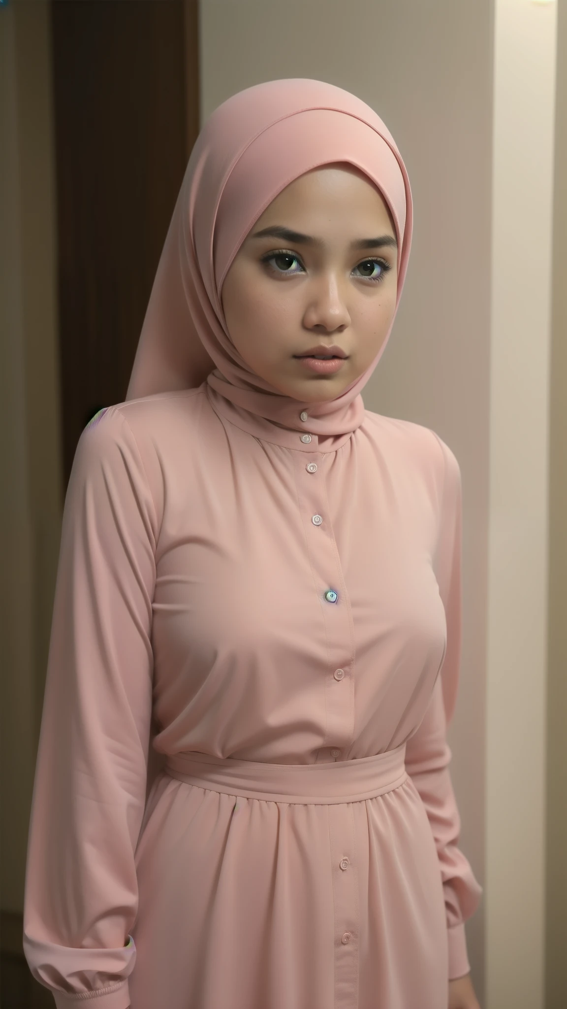 Naked, Angry pose, Angry face, (((HIJAB MALAY GIRL))), masutepiece, High quality, UHD 45K, Realistic face, Realistic skin feeling , A Malay Lady, 8 years old, , Very cute and baby-like face, (((FLAT CHEST))), (MATRIX WORLD), ((look In front  at the camera and SADNESS)), ((())), (((CUTE GIRL))), ((PASTEL RED LIPS)), ((PASTEL RED BLOUSE)), ((CHUBBY)), ((UNDRESS)).