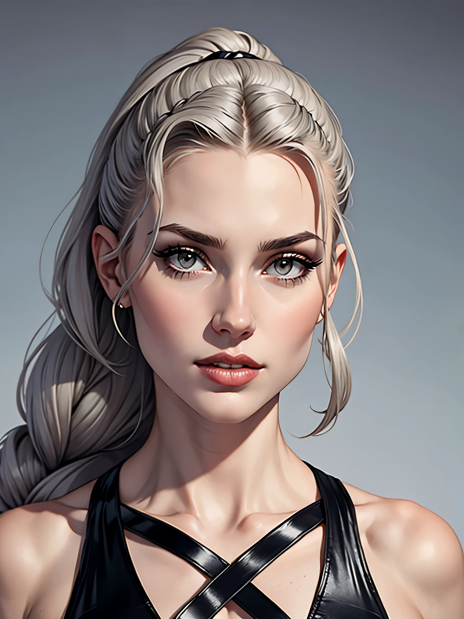 Cassandra is a tall young woman with pale skin, gray eyes and white wavy hair with gray streaks, braided into a high ponytail with many small braids. Two strands of hair and asymmetrical bangs go down the sides of the face