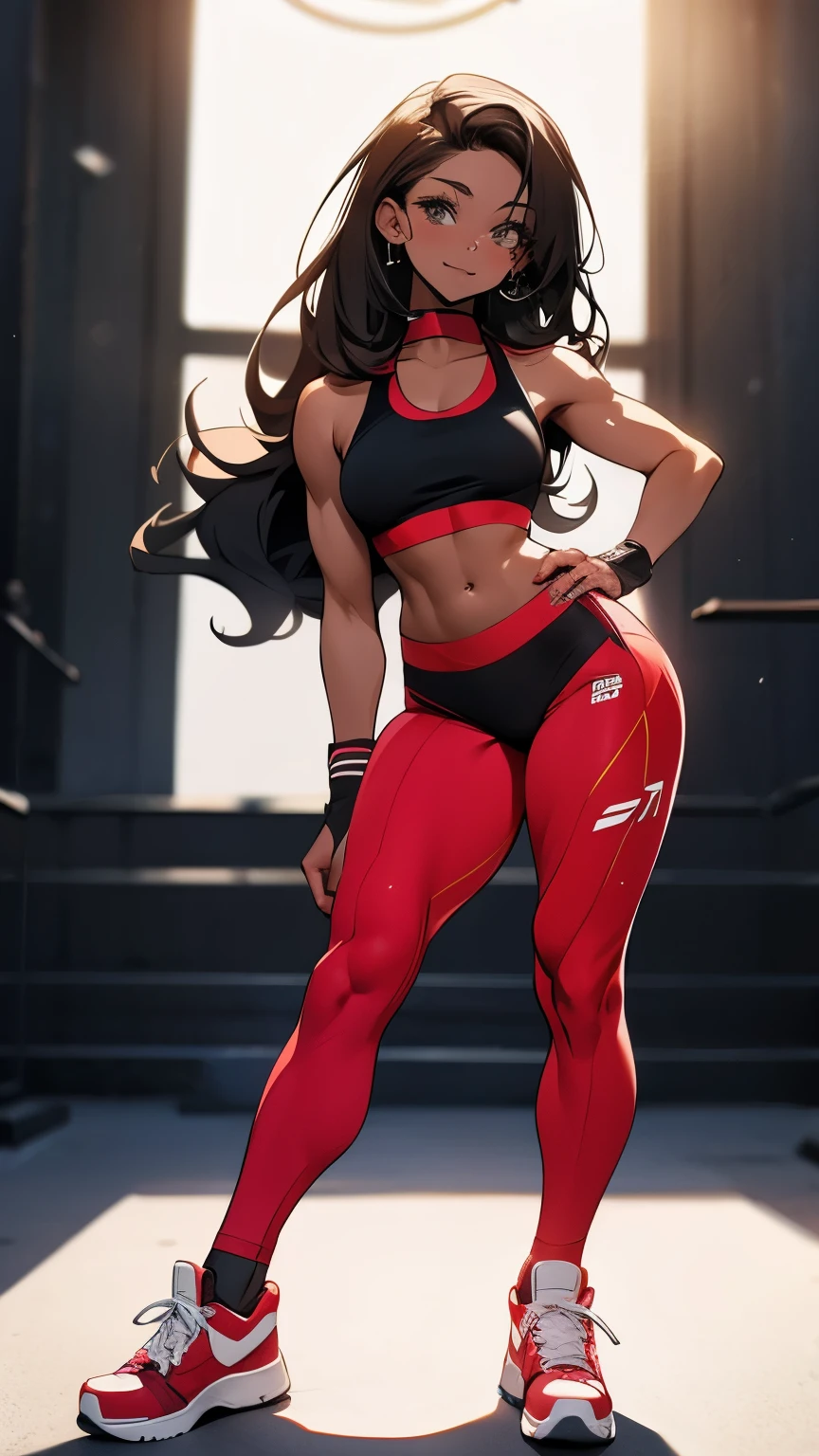 woman at a gym, corpo bem definido, maravilhoso, Pose, corpo bem detalhado, garota fitness, standing, erect Pose, modelo fitness, magrelo, Red sneakers, ultra detalhado, melhor qualidade, relaxed arms, hands down, tornozelo