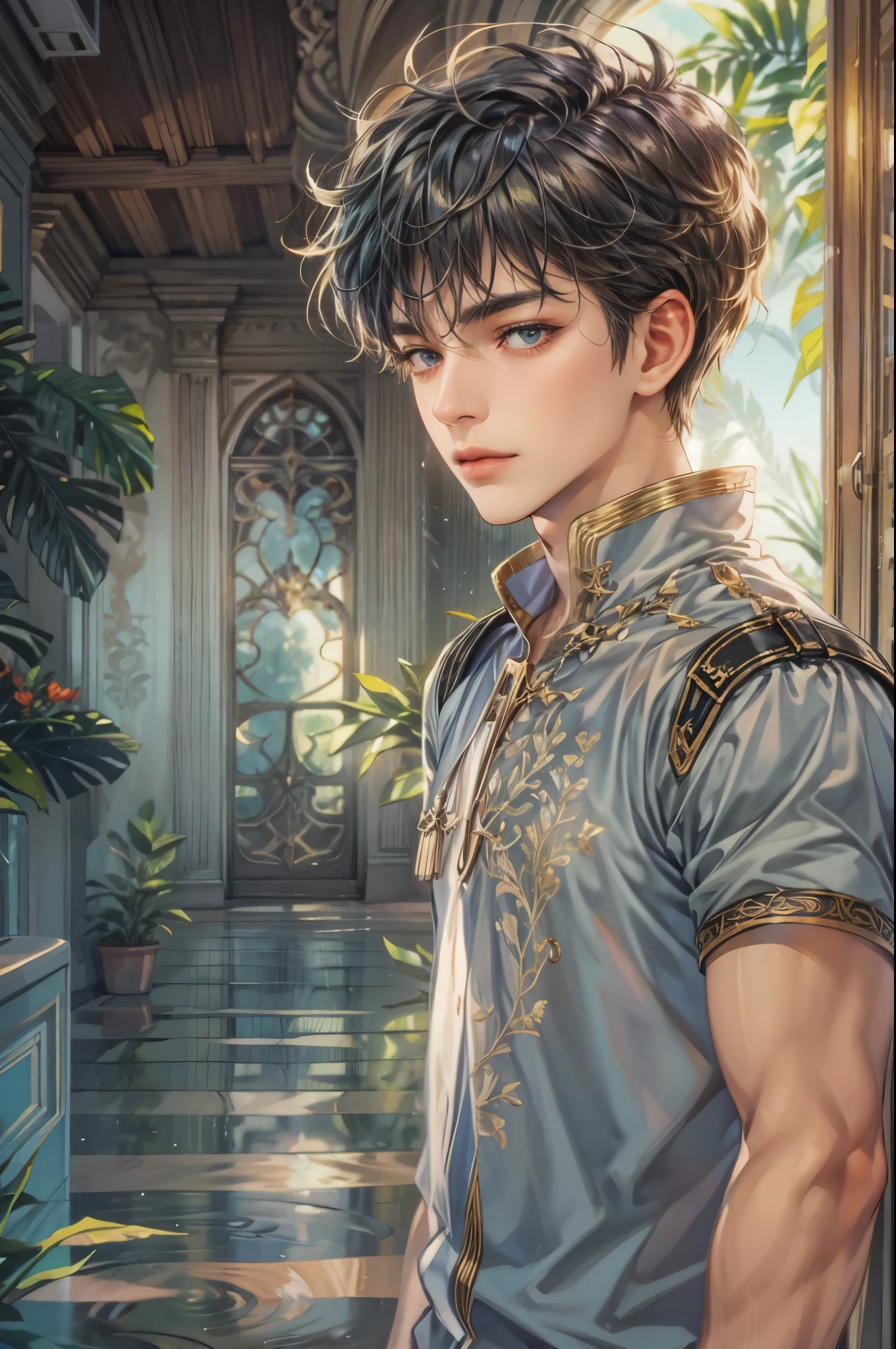((Best quality)), ((masterpiece)), (detailed), ((perfect face)), ((halfbody)) handsome face, male, teen boy, perfect proportions , a character from anime saint seiya, short hair, male version , detailed ghibli interior scenery background