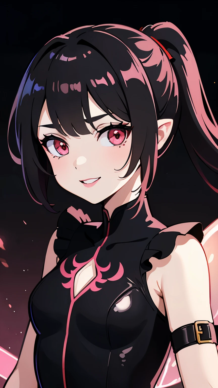 1girl, fairy girl, small, fairy wings, ((glowing pink fairy wings)), (fairy wings), Black hair color, ponytail hairstyles, short ponytail, red eye color, wearing leather armor, silver shoulder pads, black clothes,(glowing eyes), high resolution, extremely detailed CG unity 8k wallpaper, ((masterpiece)), ((top-quality)), (beautiful illustration), ((an extremely delicate and beautiful)), (masterpiece, Best quality, ultra high resolution), 1 girl, pale skin, Black Crown, red eyes, Luminous_eyes, neon red eyes, ultra detailed eyes, Beautiful and detailed face, detailed eyes, (Centered, torso), (wide shot:0.9), facing the viewer, Eye level, (floating hair), character focus, ((black light)), ((dark lighting)), cinematic lighting ,(darkness), (concept art), ((energetic face)), wide open smile, waving excitedly, dark black hair, ((red eyes))