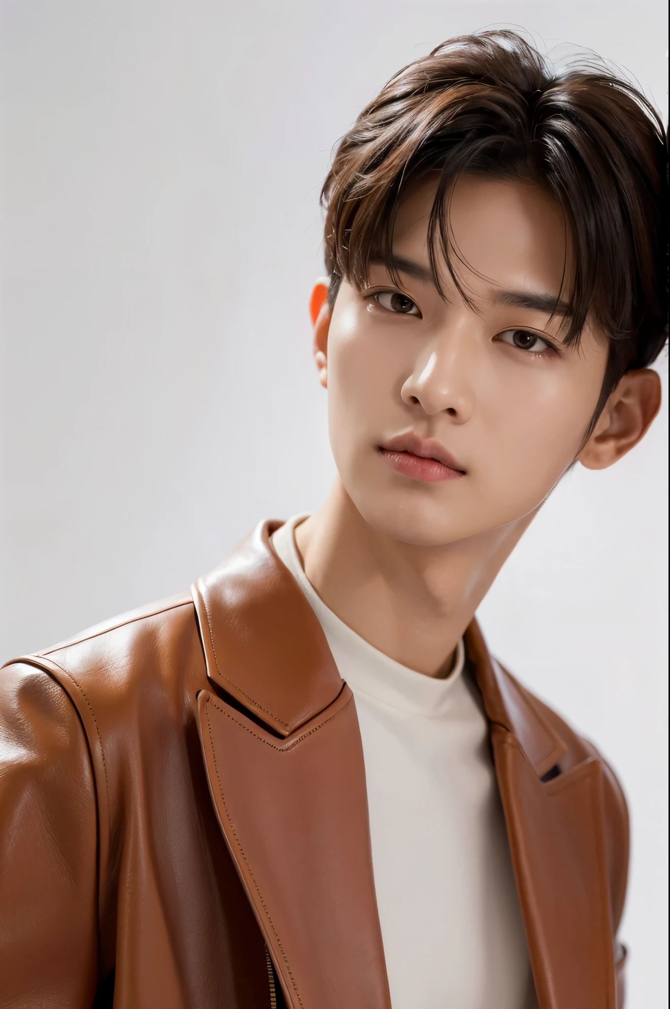 male,white background,elegant,(highest quality,High resolution),(realistic,photorealistic),Professional,sharp focus,Bright colors,studio lighting,sophisticated look,confident attitude,,serious expression,male性的な特徴,sophisticated details,subtle shadow, detailed face, 8k, trendy clothes,leather, brown eyes, trendy clothes,korean idol,detailed eyes,detailed mouth,detailed nose,