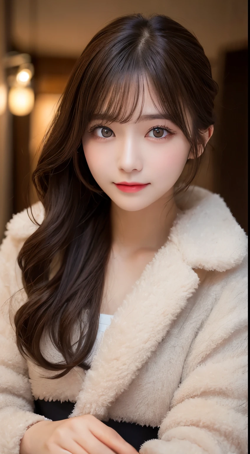 table top, highest quality, shape, Super detailed, finely, High resolution, 8k wallpaper, 完璧なダイナミックな構shape, beautiful and detailed eyes, medium hair, small breasts, natural color lip, random sexy pose,smile,20 year old girl、midnight、beautiful and detailed face、perfect and beautiful face,Big eyes、RAW photo、Expressing feminine poses with your whole body、beautiful and detailed eyes、small face、beautiful duplex、slim face and style,luxury brand mink coat(internal:black winter dress)、beautiful golden ratio face,twin ponytail hair