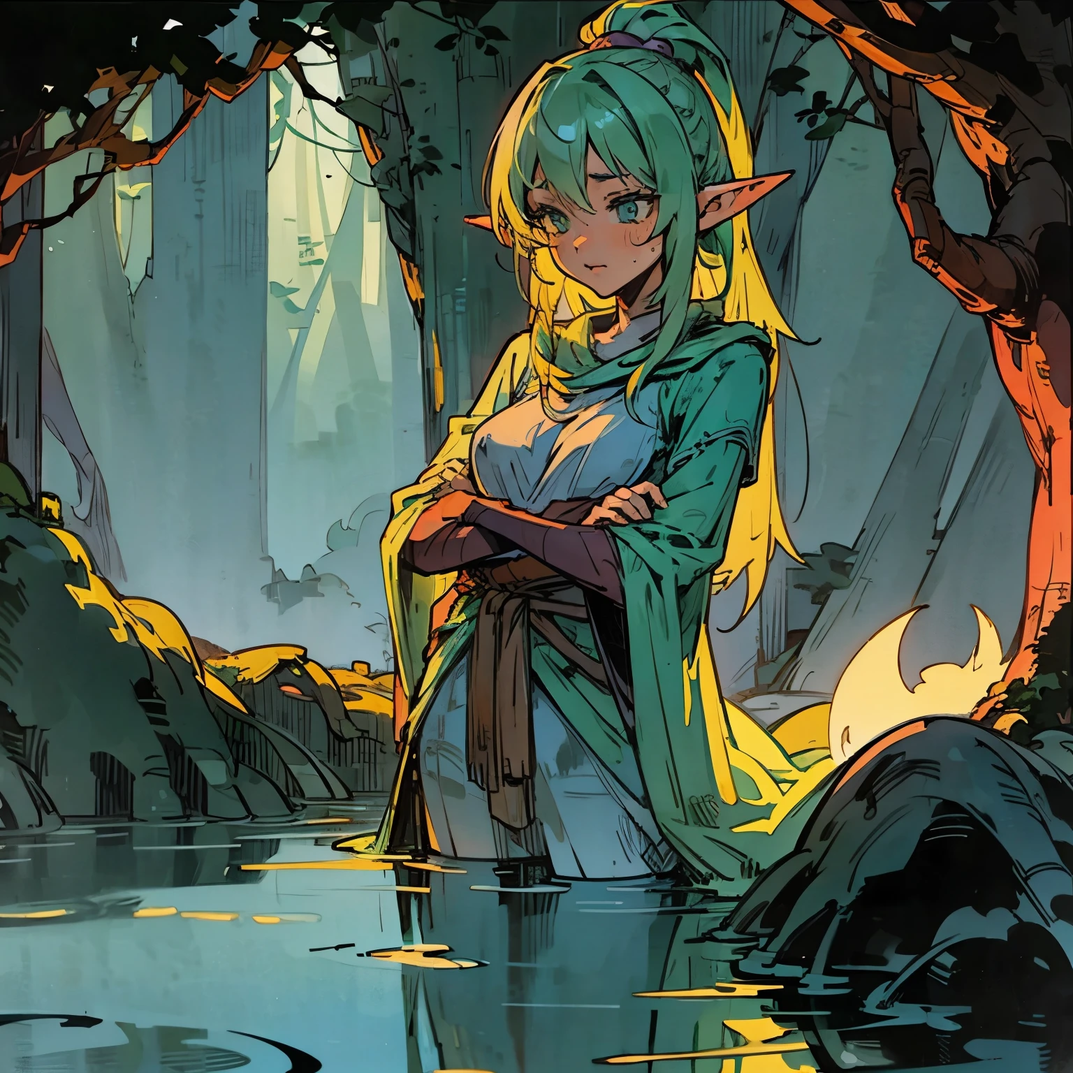 Bathing nude in forest river[close up, detailed face] Green haired, elf, mage, wooden branch, nervous, shy, dork
