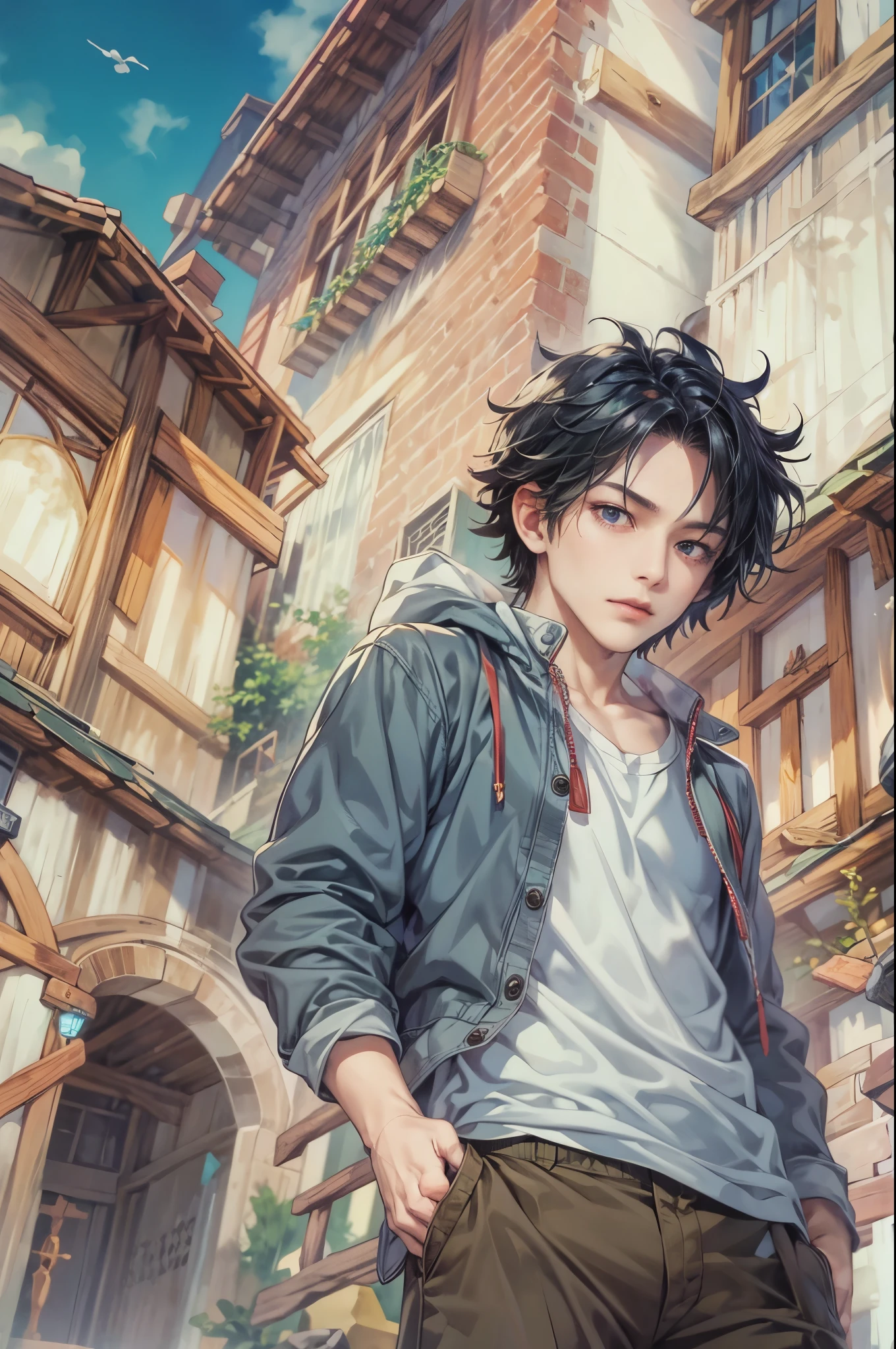 ((Best quality)), ((masterpiece)), (detailed), ((perfect face)), ((halfbody)) handsome face, male, boy, perfect proportions , a character from anime fairy tail, male version , hiro mashima art, detailed ghibli town background, detailed ghibli scenery background
