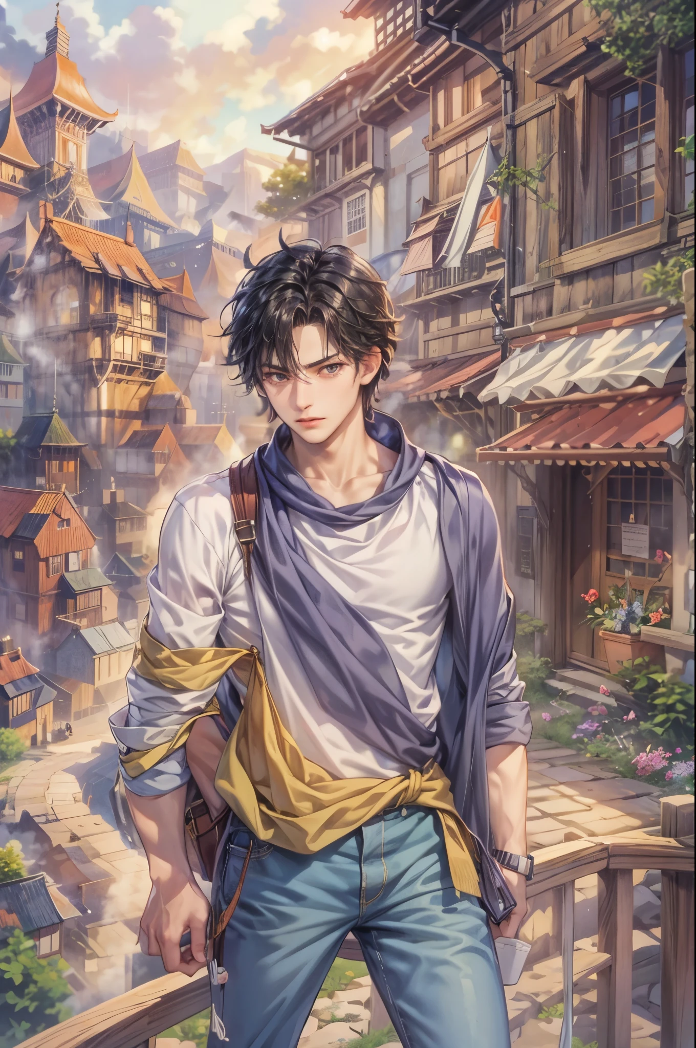 ((Best quality)), ((masterpiece)), (detailed), ((perfect face)), ((halfbody)) handsome face, male, teen boy,  perfect proportions , a character from anime fairy tail, male version , hiro mashima art, detailed ghibli town background, detailed ghibli scenery background 