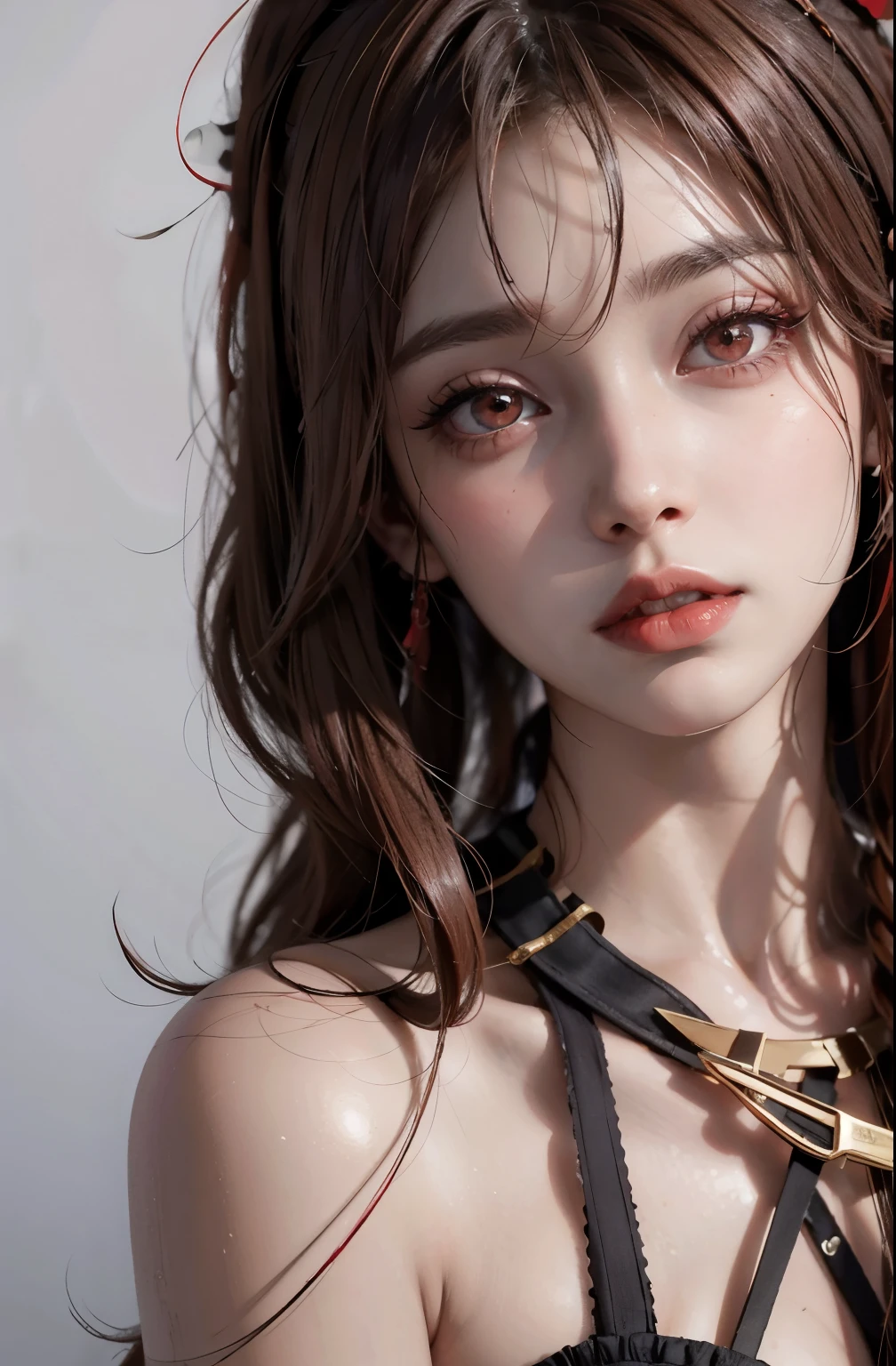 Reddish-brown hair,Long curly hair,high ponytail,red headdress,red eyes,red eye,red pupils,Delicate and detailed eyes,sparkling eyes