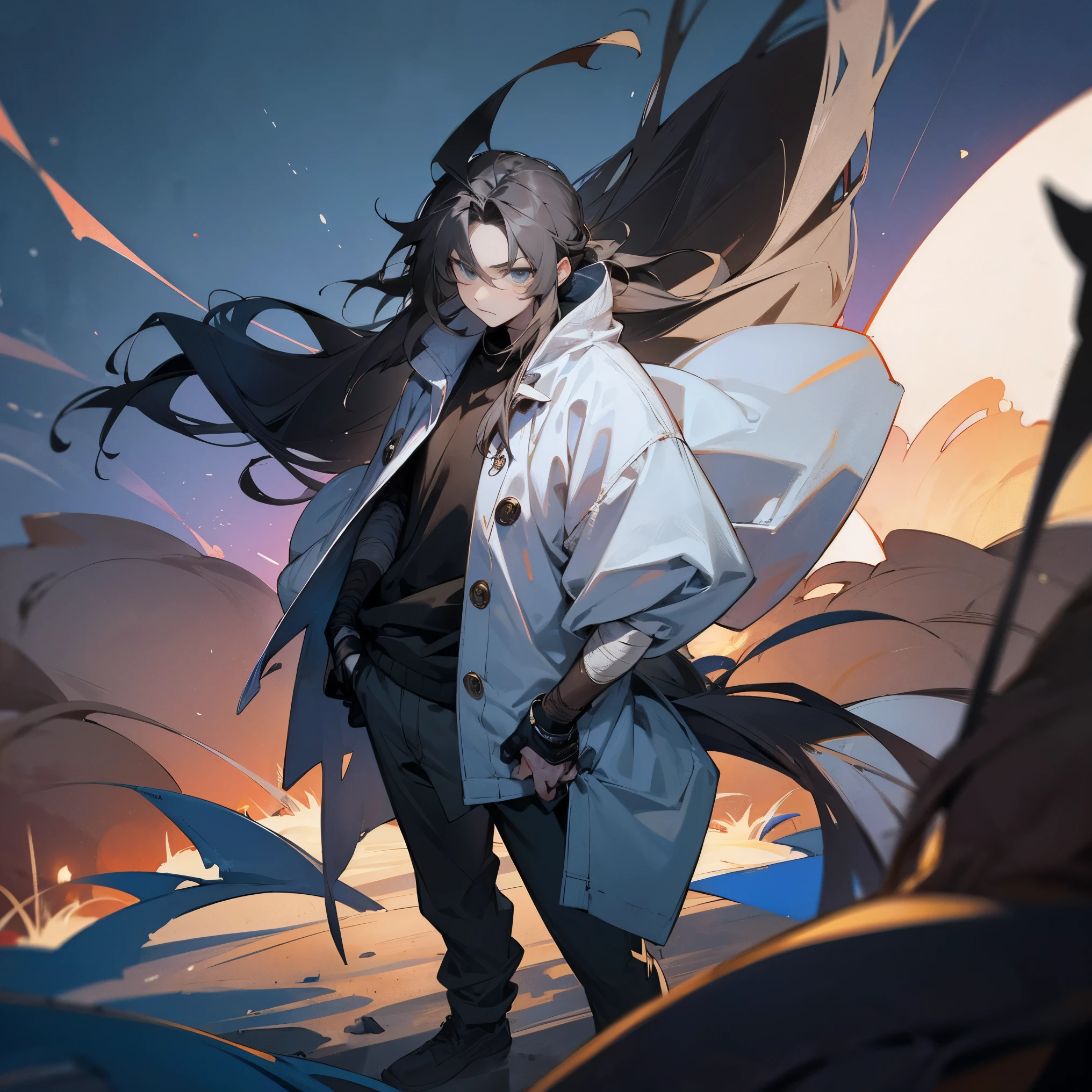1male, adult, finely detailed grey eyes, long messy hair, pale blue and black ombré hair color, loose sweater, loose baggy pants, bandages wrapped around arms, standing with arms folded, standing on open trail, night, village, muscular, serious 