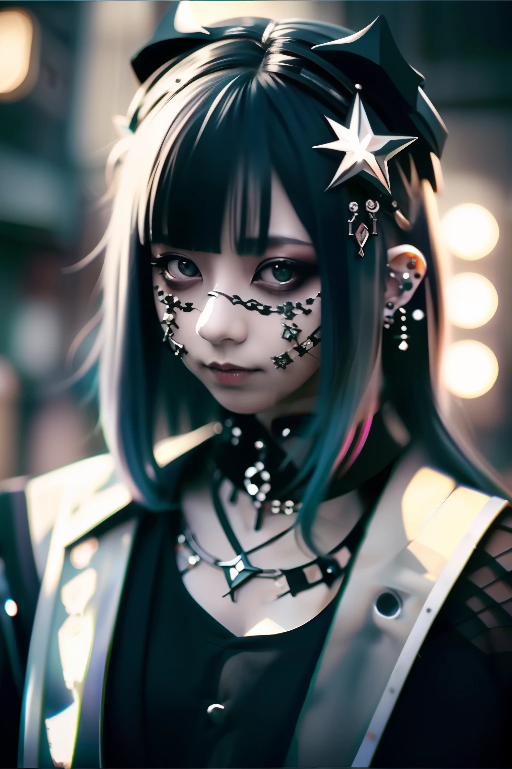 goth_punk, 1 girl, alone, medium shot, walking in harajuku, ((at night)), Bokeh, neon light, iridescent eyes, starry sky, 白くshining hair, white eyebrows, shining hair, (iridescent white hair), earrings, bangs, jewelry, mask, blunt bangs, green eyes, mouth mask, blurry background, blurry, hair ornaments, looking at the viewer, short hair, portrait, side lock，beautiful chest，