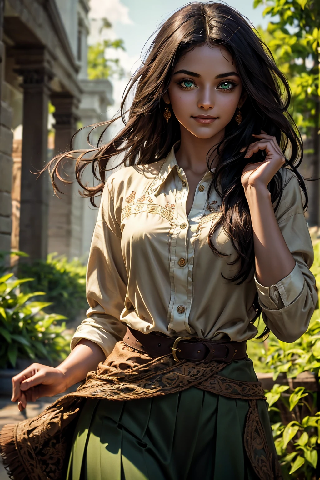 A stunning Indian beauty, with dark brown-black long wavy long hair, with mesmerizing feature with a Hopeful smiling expression, finely detailed eyes, happy mood masterpiece, top quality, best quality, official art, beautiful and aesthetic:1.2), (1girl), extreme detailed,(fractal art:1.3), colorful, highest detailed, (masterpiece, best quality:1.3) 1 bright-green-eyed woman, professional digital painting, Unreal Engine 5. In a 1920 setting, holding lavender flowers at a Lavender flower farm, wearing 1930 style clothing, South-Indian woman, olive-skinned woman, masterpiece, top quality, best quality, official art, beautiful and aesthetic:1.2), (1girl), extreme detailed,(fractal art:1.3), colorful, highest detailed, (masterpiece, best quality:1.3) 1 green-eyed woman, professional digital painting, Unreal Engine 5. Wearing embroidered linen blouse, Wearing long pleated skirt, Wearing Moleskin Field Jacket. Long hair, hopeful expression, finely detailed eyes, smiling, epic scene, epic composition, Cinematic Lighting, Volumetric Lighting, ethereal light, intricate details, extremely detailed volumetric rays. Green Eyes. [Beautiful girl, linen shirt and pants, oil painting, Detailed facial features, Sunlight, bright colors, dramatic lighting, expressive eyes and lips, High Resolution, 4K quality, Photorealistic] 1920 clothing, 1930 clothing, red, orange, yellow, blue, purple, pink,
