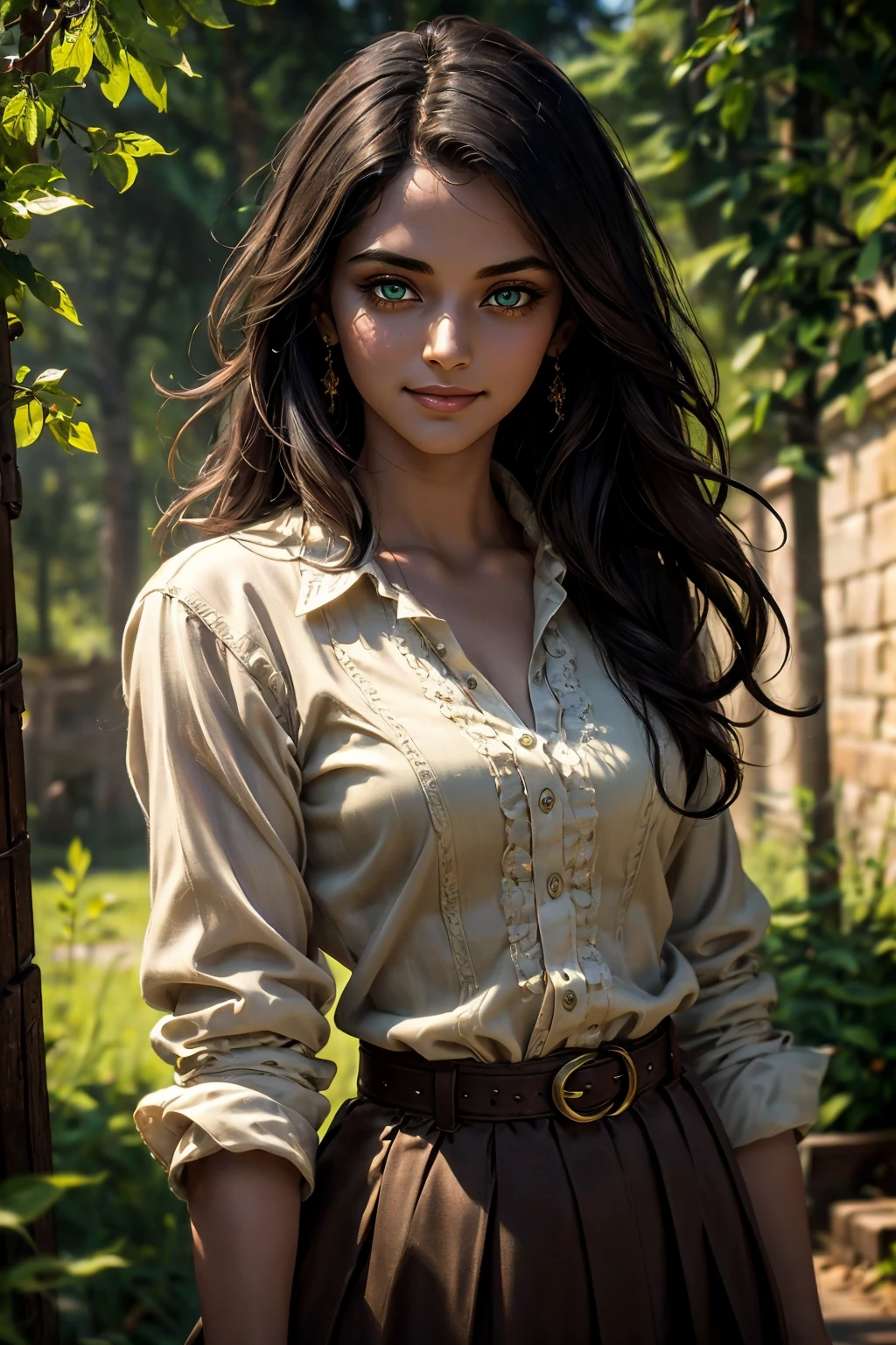 A stunning Indian beauty, with dark brown-black long wavy long hair, with mesmerizing feature with a Hopeful smiling expression, finely detailed eyes, happy mood masterpiece, top quality, best quality, official art, beautiful and aesthetic:1.2), (1girl), extreme detailed,(fractal art:1.3), colorful, highest detailed, (masterpiece, best quality:1.3) 1 bright-green-eyed woman, professional digital painting, Unreal Engine 5. In a 1920 setting, holding lavender flowers at a Lavender flower farm, wearing 1930 style clothing, South-Indian woman, olive-skinned woman, masterpiece, top quality, best quality, official art, beautiful and aesthetic:1.2), (1girl), extreme detailed,(fractal art:1.3), colorful, highest detailed, (masterpiece, best quality:1.3) 1 green-eyed woman, professional digital painting, Unreal Engine 5. Wearing embroidered linen blouse, Wearing long pleated skirt, Wearing Moleskin Field Jacket. Long hair, hopeful expression, finely detailed eyes, smiling, epic scene, epic composition, Cinematic Lighting, Volumetric Lighting, ethereal light, intricate details, extremely detailed volumetric rays. Green Eyes. [Beautiful girl, linen shirt and pants, oil painting, Detailed facial features, Sunlight, bright colors, dramatic lighting, expressive eyes and lips, High Resolution, 4K quality, Photorealistic] 1920 clothing, 1930 clothing, red, orange, yellow, blue, purple, pink,
