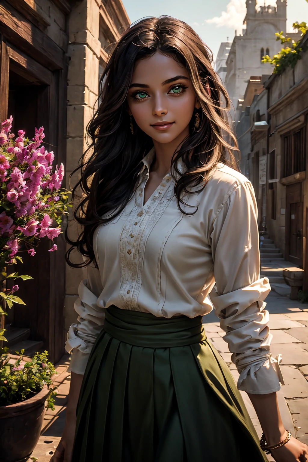 A stunning Indian beauty, with dark brown-black long wavy long hair, with mesmerizing feature with a Hopeful smiling expression, finely detailed eyes, happy mood masterpiece, top quality, best quality, official art, beautiful and aesthetic:1.2), (1girl), extreme detailed,(fractal art:1.3), colorful, highest detailed, (masterpiece, best quality:1.3) 1 bright-green-eyed woman, professional digital painting, Unreal Engine 5. In a 1920 setting, holding lavender flowers at a Lavender flower farm, wearing 1930 style clothing, South-Indian woman, olive-skinned woman, masterpiece, top quality, best quality, official art, beautiful and aesthetic:1.2), (1girl), extreme detailed,(fractal art:1.3), colorful, highest detailed, (masterpiece, best quality:1.3) 1 green-eyed woman, professional digital painting, Unreal Engine 5. Wearing embroidered linen blouse, Wearing long pleated skirt, Wearing Moleskin Field Jacket. Long hair, hopeful expression, finely detailed eyes, smiling, epic scene, epic composition, Cinematic Lighting, Volumetric Lighting, ethereal light, intricate details, extremely detailed volumetric rays. Green Eyes. [Beautiful girl, linen shirt and pants, oil painting, Detailed facial features, Sunlight, bright colors, dramatic lighting, expressive eyes and lips, High Resolution, 4K quality, Photorealistic] 1920 clothing, 1930 clothing, red, orange, yellow, blue, purple, pink,
