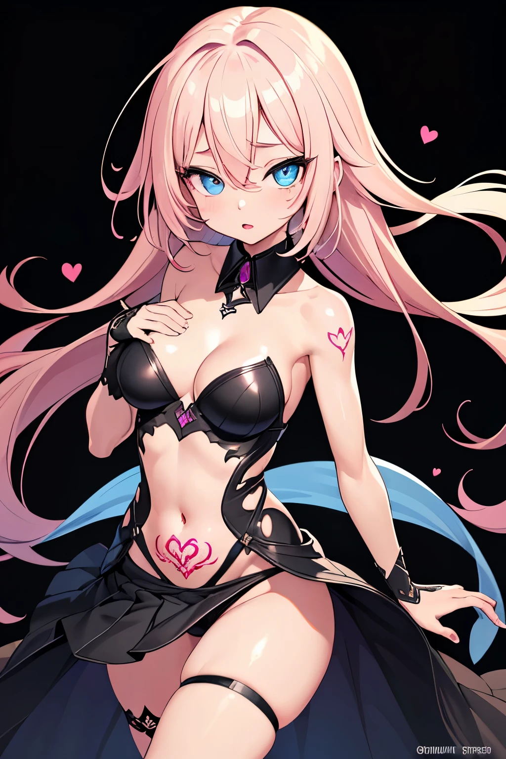 1girl, anime, cute girl, blank background, white background, fantasy, detailed fantasy dress with highlights, beautiful face, beautiful eyes, dark colors, pink hair with some streaks of blue strands, different color pupil in eye, medium small breasts (slightly big), slight cleavage, beautiful skin, cute, breast curtains, extremely delicate and beautiful, (beautiful detailed face:1.0), (detailed deep eyes), symmetrical breasts, deep eyes, shiny skin, portrait, slender waist, hips wider than shoulders, thighs, expressionless, young girl, luminous eyes, adorable，（Kpop idol）,（aegyo sal：1），（Platinum blonde hair：1），（（puffy eye）），Black panty，sexy posture，Superskirt, ultra high resolution，Black collar，slim figure, Abdominal y tattoo, womb tattoo，Tight-fitting leg ring，y tattoo on half-body，Bare skin, Armored hand，Hidden fingertips，Hand covered，Arm covered，Fist covered,{{beautiful detailed fingers}}, tufts of hair, moderate beautiful breast:1.0,