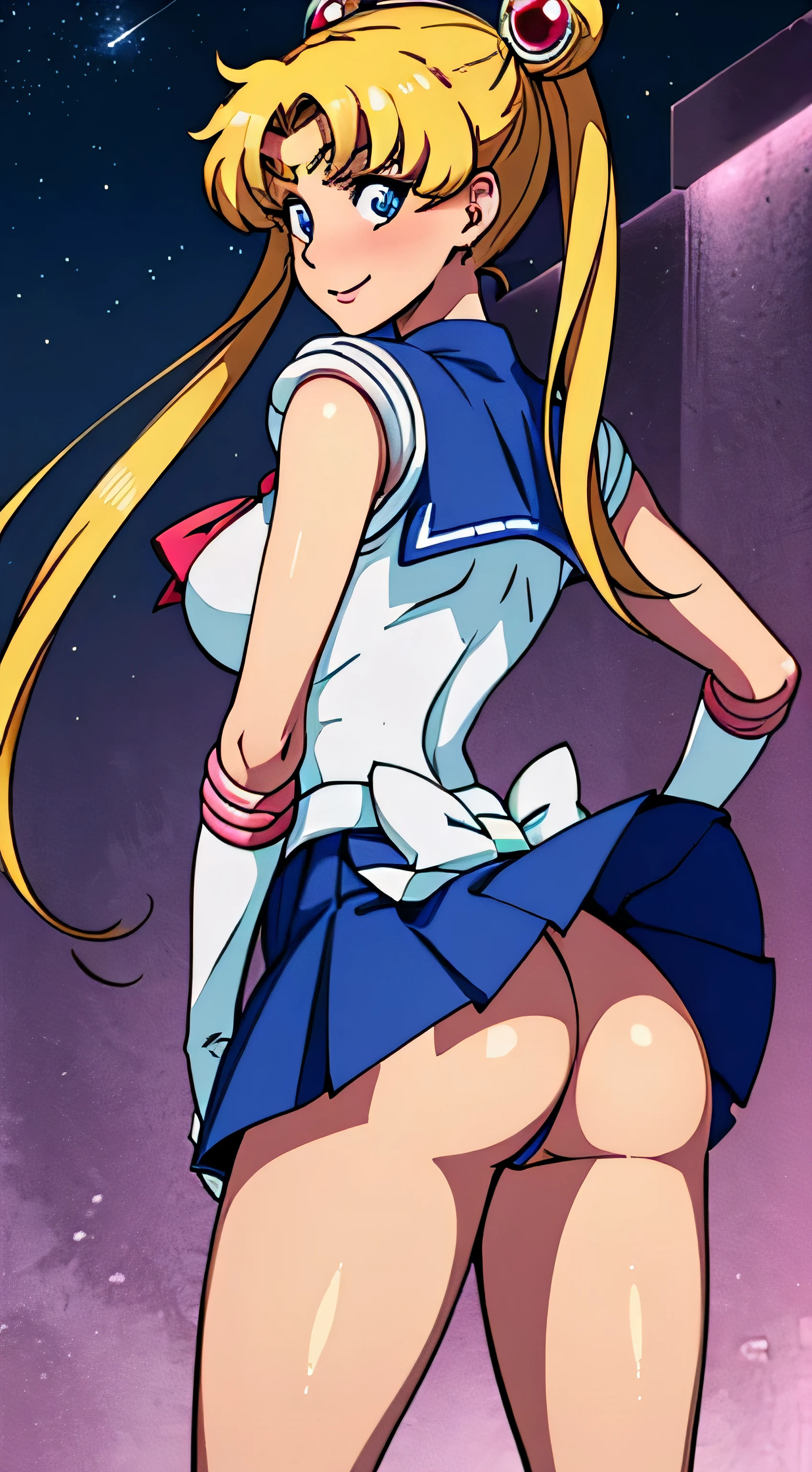 masterpiece, best quality, absurdres, perfect antomy, 1girl, solo, SMMoon, 1990s \(style\), blonde sailor moon, standing, smile, cowboy shot, sailor senshi uniform, sailor collar, blue skirt, elbow gloves, in back pose, show her booty, backwards, no thong, big booty, ultra mini skirt, (detailed:1.3), ultra high res, ultra detailed, Highly detailed face and skin texture, detailed eyes, double eyelids, dynamic light, (HIGHLY DETAILED FACE) in back pose, show her booty, backwards, (both hands on her butt), lifting her little skirt.