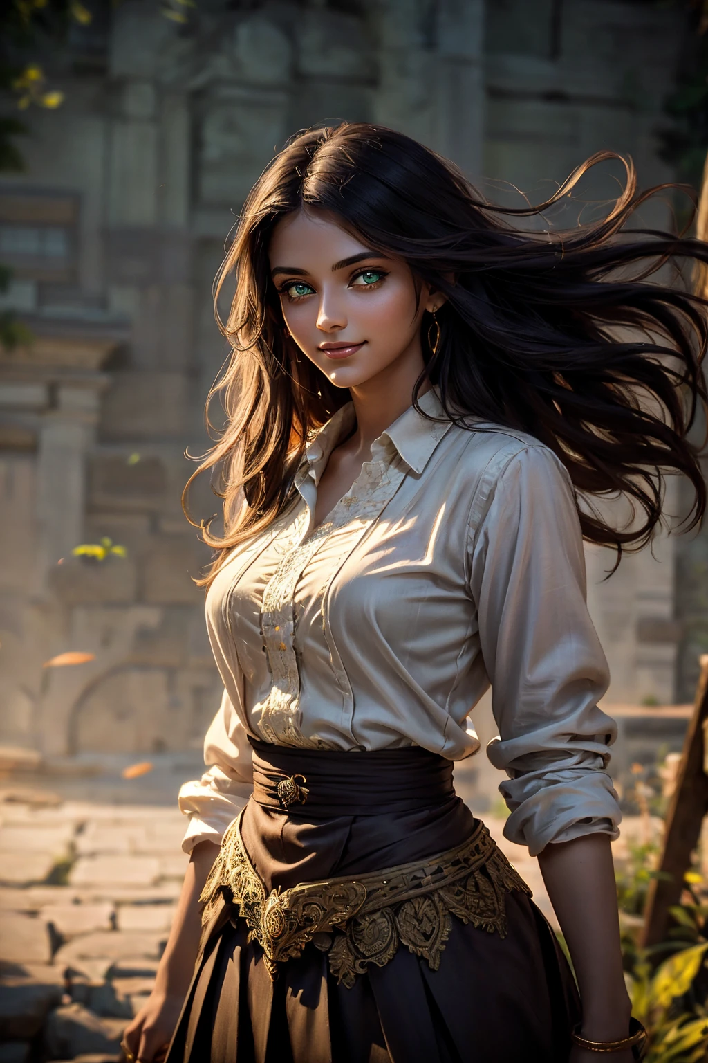 A stunning Indian beauty, with dark brown-black long wavy long hair, with mesmerizing feature with a Hopeful smiling expression, finely detailed eyes, happy mood masterpiece, top quality, best quality, official art, beautiful and aesthetic:1.2), (1girl), extreme detailed,(fractal art:1.3), colorful, highest detailed, (masterpiece, best quality:1.3) 1 bright-green-eyed woman, professional digital painting, Unreal Engine 5. In a 1920 setting, holding lavender flowers at a Lavender flower farm, wearing 1930 style clothing, South-Indian woman, olive-skinned woman, masterpiece, top quality, best quality, official art, beautiful and aesthetic:1.2), (1girl), extreme detailed,(fractal art:1.3), colorful, highest detailed, (masterpiece, best quality:1.3) 1 green-eyed woman, professional digital painting, Unreal Engine 5. Wearing embroidered linen blouse, Wearing long pleated skirt, Wearing Moleskin Field Jacket. Long hair, hopeful expression, finely detailed eyes, smiling, epic scene, epic composition, Cinematic Lighting, Volumetric Lighting, ethereal light, intricate details, extremely detailed volumetric rays. Green Eyes. [Beautiful girl, linen shirt and pants, oil painting, Detailed facial features, Sunlight, bright colors, dramatic lighting, expressive eyes and lips, High Resolution, 4K quality, Photorealistic] 1920 clothing, 1930 clothing, red, orange, yellow, blue, purple, pink,
