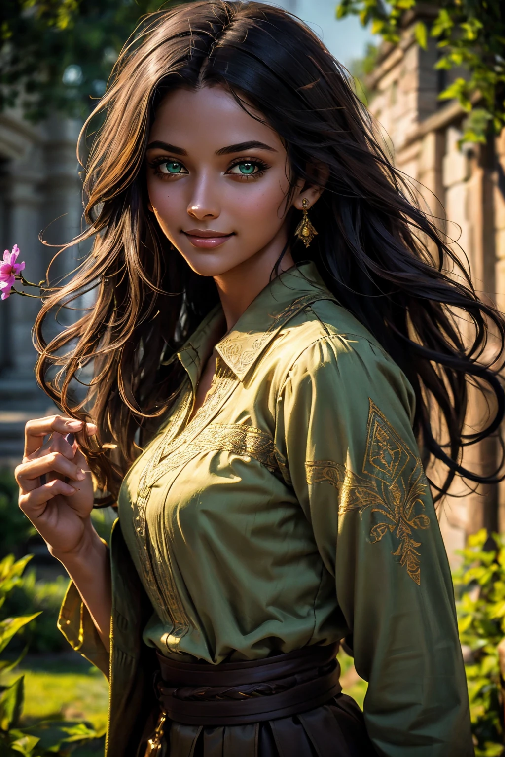 A stunning Indian beauty, with dark brown-black long wavy long hair, with mesmerizing feature with a Hopeful smiling expression, finely detailed eyes, happy mood masterpiece, top quality, best quality, official art, beautiful and aesthetic:1.2), (1girl), extreme detailed,(fractal art:1.3), colorful, highest detailed, (masterpiece, best quality:1.3) 1 bright-green-eyed woman, professional digital painting, Unreal Engine 5. In a 1920 setting, holding lavender flowers at a Lavender flower farm, wearing 1930 style clothing, South-Indian woman, olive-skinned woman, masterpiece, top quality, best quality, official art, beautiful and aesthetic:1.2), (1girl), extreme detailed,(fractal art:1.3), colorful, highest detailed, (masterpiece, best quality:1.3) 1 green-eyed woman, professional digital painting, Unreal Engine 5. Wearing embroidered linen blouse, Wearing long pleated skirt, Wearing Moleskin Field Jacket. Long hair, hopeful expression, finely detailed eyes, smiling, epic scene, epic composition, Cinematic Lighting, Volumetric Lighting, ethereal light, intricate details, extremely detailed volumetric rays. Green Eyes. [Beautiful girl, linen shirt and pants, oil painting, Detailed facial features, Sunlight, bright colors, dramatic lighting, expressive eyes and lips, High Resolution, 4K quality, Photorealistic] 1920 clothing, 1930 clothing, red, orange, yellow, blue, purple, pink,
