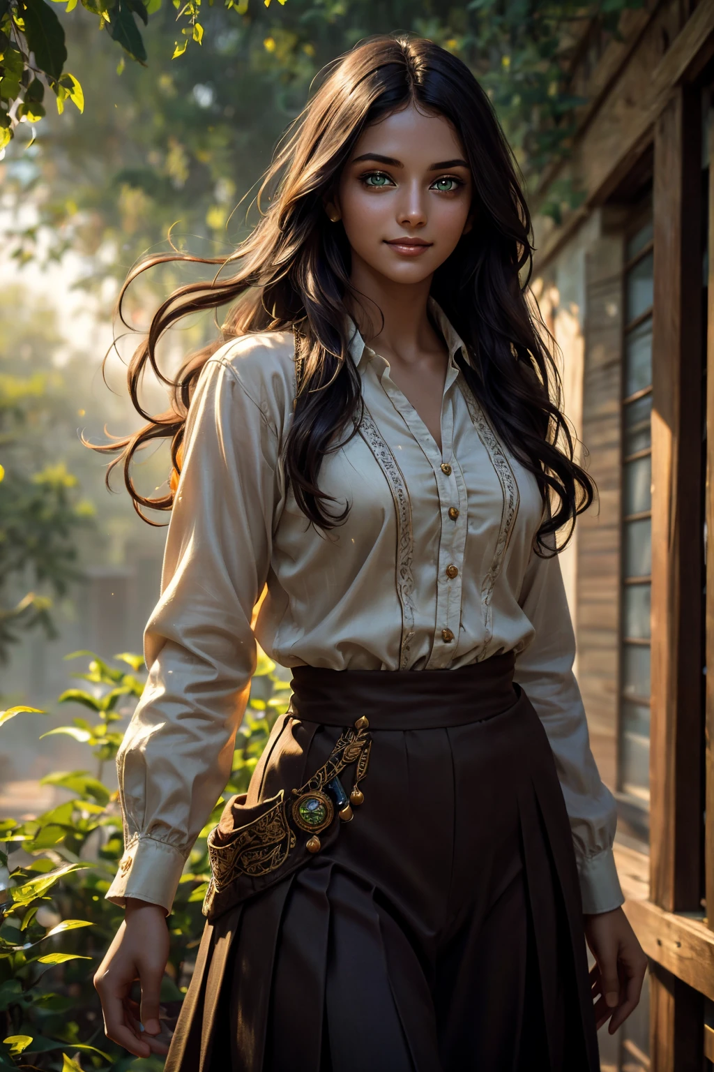 A stunning Indian beauty, with dark brown-black long wavy long hair, with mesmerizing feature with a Hopeful smiling expression, finely detailed eyes, happy mood masterpiece, top quality, best quality, official art, beautiful and aesthetic:1.2), (1girl), extreme detailed,(fractal art:1.3), colorful, highest detailed, (masterpiece, best quality:1.3) 1 bright-green-eyed woman, professional digital painting, Unreal Engine 5. In a 1920 setting, holding lavender flowers at a Lavender flower farm, wearing 1930 style clothing, South-Indian woman, olive-skinned woman, masterpiece, top quality, best quality, official art, beautiful and aesthetic:1.2), (1girl), extreme detailed,(fractal art:1.3), colorful, highest detailed, (masterpiece, best quality:1.3) 1 green-eyed woman, professional digital painting, Unreal Engine 5. Wearing embroidered linen blouse, Wearing long pleated skirt, Wearing Moleskin Field Jacket. Long hair, hopeful expression, finely detailed eyes, smiling, epic scene, epic composition, Cinematic Lighting, Volumetric Lighting, ethereal light, intricate details, extremely detailed volumetric rays. Green Eyes. [Beautiful girl, linen shirt and pants, oil painting, Detailed facial features, Sunlight, bright colors, dramatic lighting, expressive eyes and lips, High Resolution, 4K quality, Photorealistic] 1920 clothing, 1930 clothing, red, orange, yellow, blue, purple, pink,

