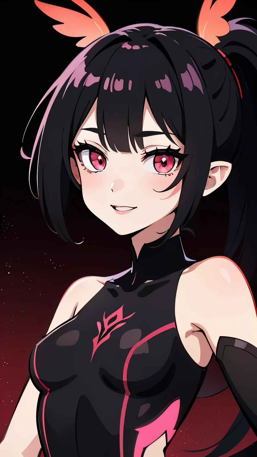 1girl, fairy girl, small, fairy wings, ((glowing pink fairy wings)), (fairy wings), Black hair color, ponytail hairstyles, short ponytail, red eye color, wearing leather armor, silver shoulder pads, black clothes,(glowing eyes), high resolution, extremely detailed CG unity 8k wallpaper, ((masterpiece)), ((top-quality)), (beautiful illustration), ((an extremely delicate and beautiful)), (masterpiece, Best quality, ultra high resolution), 1 girl, pale skin, Black Crown, red eyes, Luminous_eyes, neon red eyes, ultra detailed eyes, Beautiful and detailed face, detailed eyes, (Centered, torso), (wide shot:0.9), facing the viewer, Eye level, (floating hair), character focus, ((black light)), ((dark lighting)), cinematic lighting ,(darkness), (concept art), ((energetic face)), wide open smile, waving excitedly, dark black hair, ((red eyes))