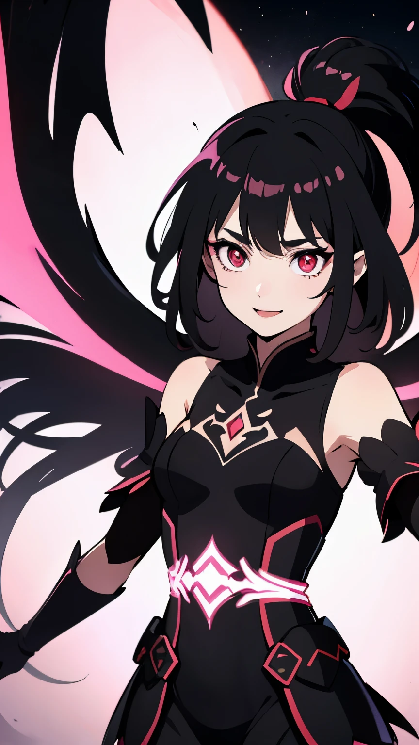 1girl, fairy girl, small, fairy wings, ((glowing pink fairy wings)), (fairy wings), Black hair color, ponytail hairstyles, short ponytail, red eye color, wearing leather armor, silver shoulder pads, black clothes,(glowing eyes), high resolution, extremely detailed CG unity 8k wallpaper, ((masterpiece)), ((top-quality)), (beautiful illustration), ((an extremely delicate and beautiful)), (masterpiece, Best quality, ultra high resolution), 1 girl, pale skin, Black Crown, red eyes, Luminous_eyes, neon red eyes, ultra detailed eyes, Beautiful and detailed face, detailed eyes, (Centered, torso), (wide shot:0.9), facing the viewer, Eye level, (floating hair), character focus, ((black light)), ((dark lighting)), cinematic lighting ,(darkness), (concept art), ((energetic face)), wide open smile, waving excitedly, dark black hair, ((red eyes))