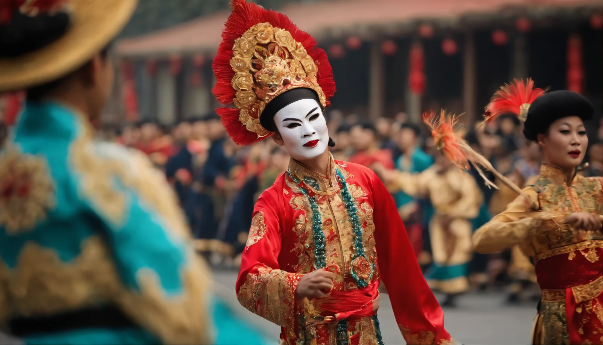 Male Stick dancer in colorful costumes are dancing in a parade, old city festival, peking opera mask, chinese new year in jakarta, Peking Opera Festival, javanese dancer, javA heritage, traditional kebaya costume, elaborate costume, traditional wayang, dreamland of chinese, traditional chinese clothing, chinese costume, traditional costume, jumping around holding sticks, beautiful image ((short sticks))