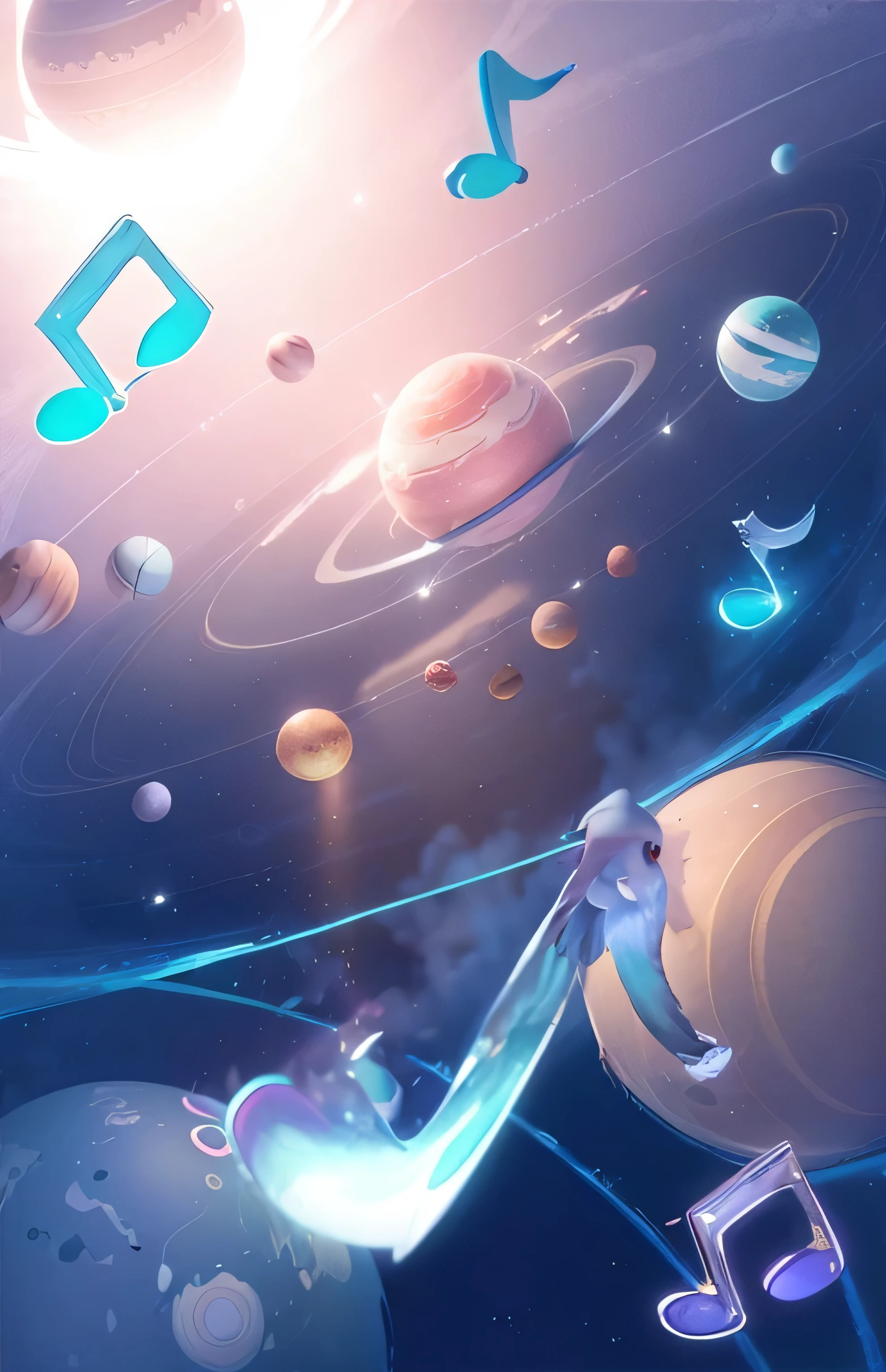 planet，space background，Cartoon universe，solar system,音符漂浮在solar system