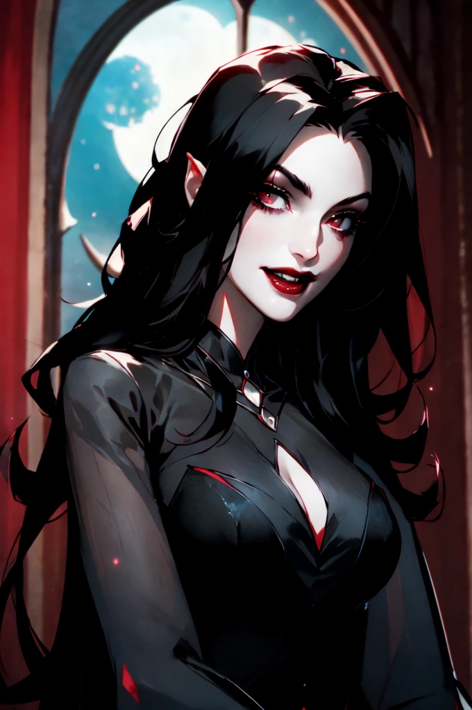 portrait of vampire queen standing in dark, black hair, no pupils, no sclera, red lips, fangs, castle indoors, moonlight, particles 