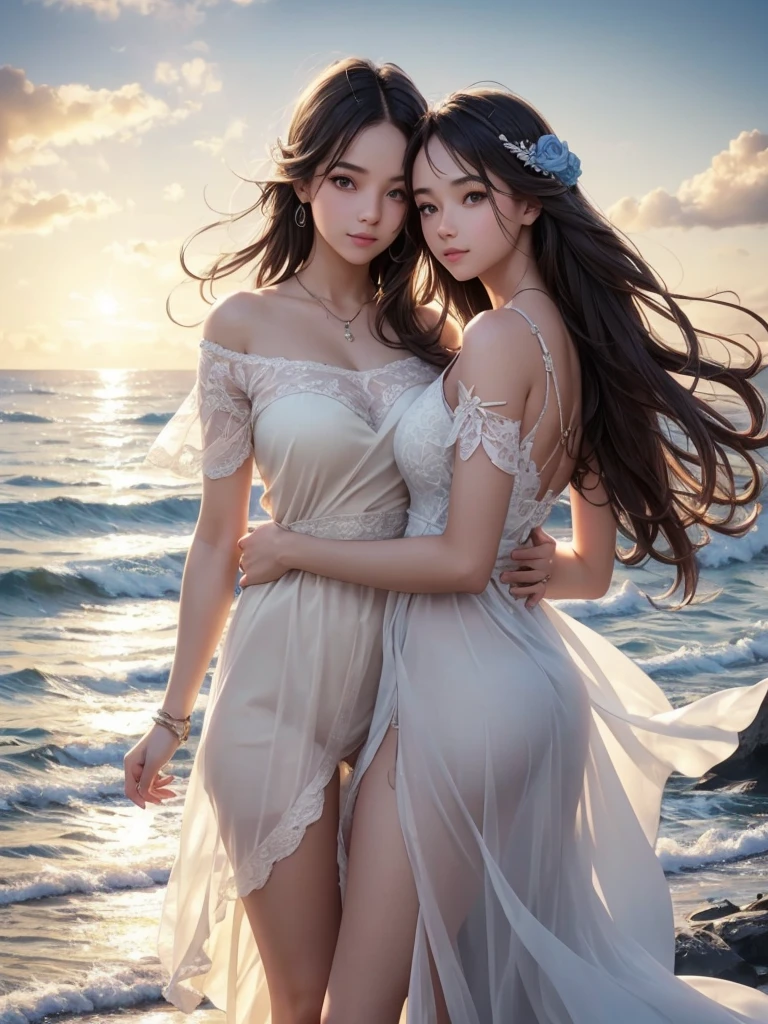 (a loving couple),(standing in front of the lighthouse),(watching the sunrise),illustration,ultra-detailed,realistic,photorealistic:1.37,vivid colors,sharp focus,beautiful detailed eyes,beautiful detailed lips,long eyelashes,emotionally connected,body language,romantic atmosphere,ocean breeze,faint rays of sunlight,gentle waves,hint of mist,pastel hues,soft golden light