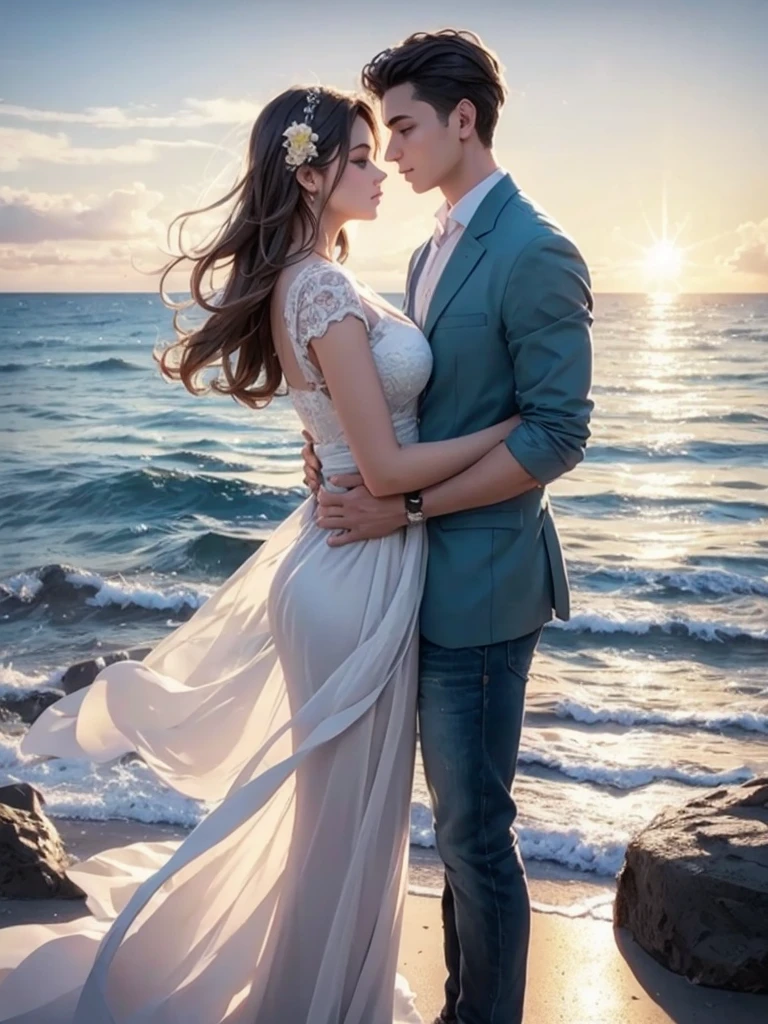 (a loving couple),(standing in front of the lighthouse),(watching the sunrise),illustration,ultra-detailed,realistic,photorealistic:1.37,vivid colors,sharp focus,beautiful detailed eyes,beautiful detailed lips,long eyelashes,emotionally connected,body language,romantic atmosphere,ocean breeze,faint rays of sunlight,gentle waves,hint of mist,pastel hues,soft golden light