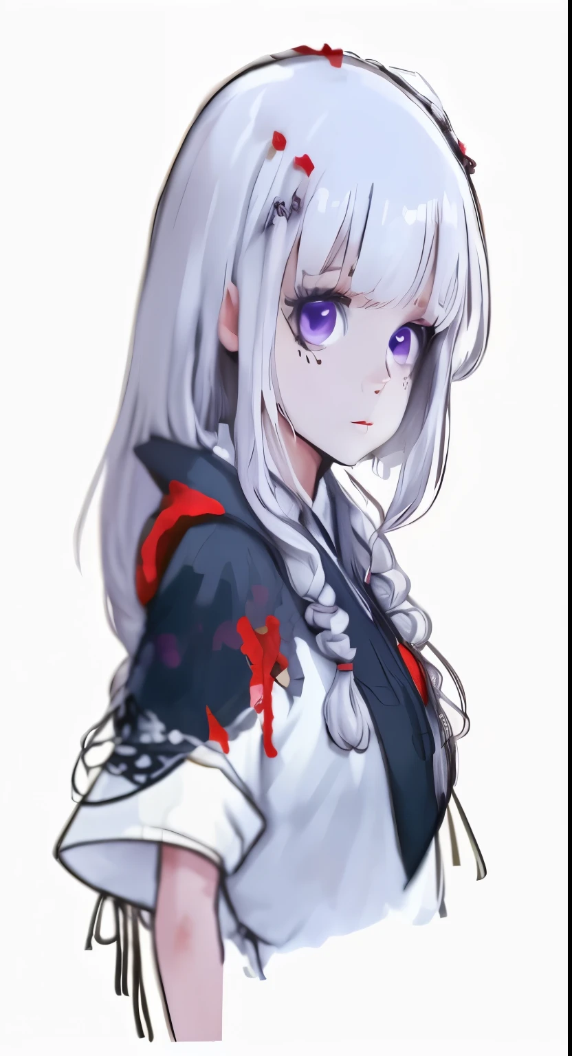 best quality, Aesthetic, detailed, author:Purple Cloud, 1 girl, ahog, food, long hair, one side up, simple background, alone, table, White background, white hair black hair, Surrealism, 8k, super detail