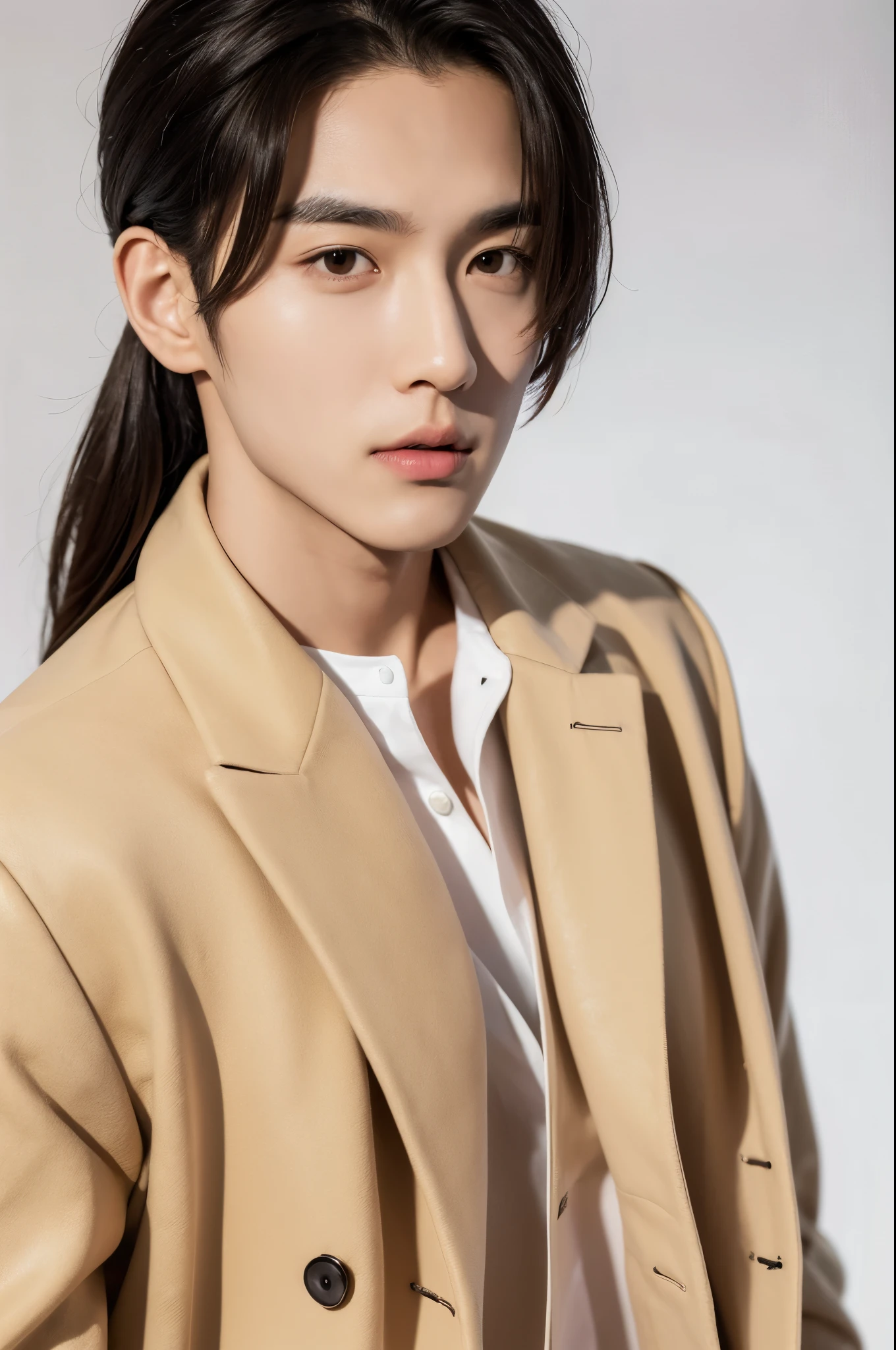 male,white background,elegant,(highest quality,High resolution),(realistic,photorealistic),Professional,sharp focus,Bright colors,studio lighting,sophisticated look,confident attitude,,serious expression,male性的な特徴,sophisticated details,subtle shadow, detailed face, 8k, trendy clothes,leather, brown eyes, trendy clothes,korean idol,detailed eyes,detailed mouth,detailed nose,