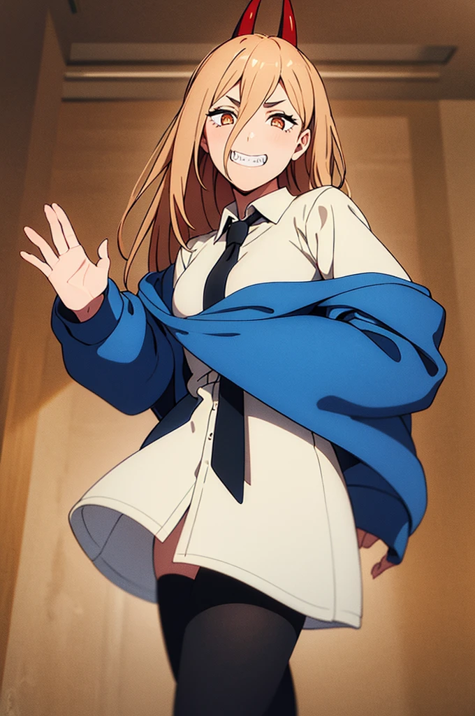 (masterpiece, best quality:1.2), cowboy shot, solo, 1girl, power \(csm\), sharp teeth, grin, looking at viewer, cross-shaped pupils, blue jacket, collared shirt, black necktie, black pants, tokio background, dinamic poses