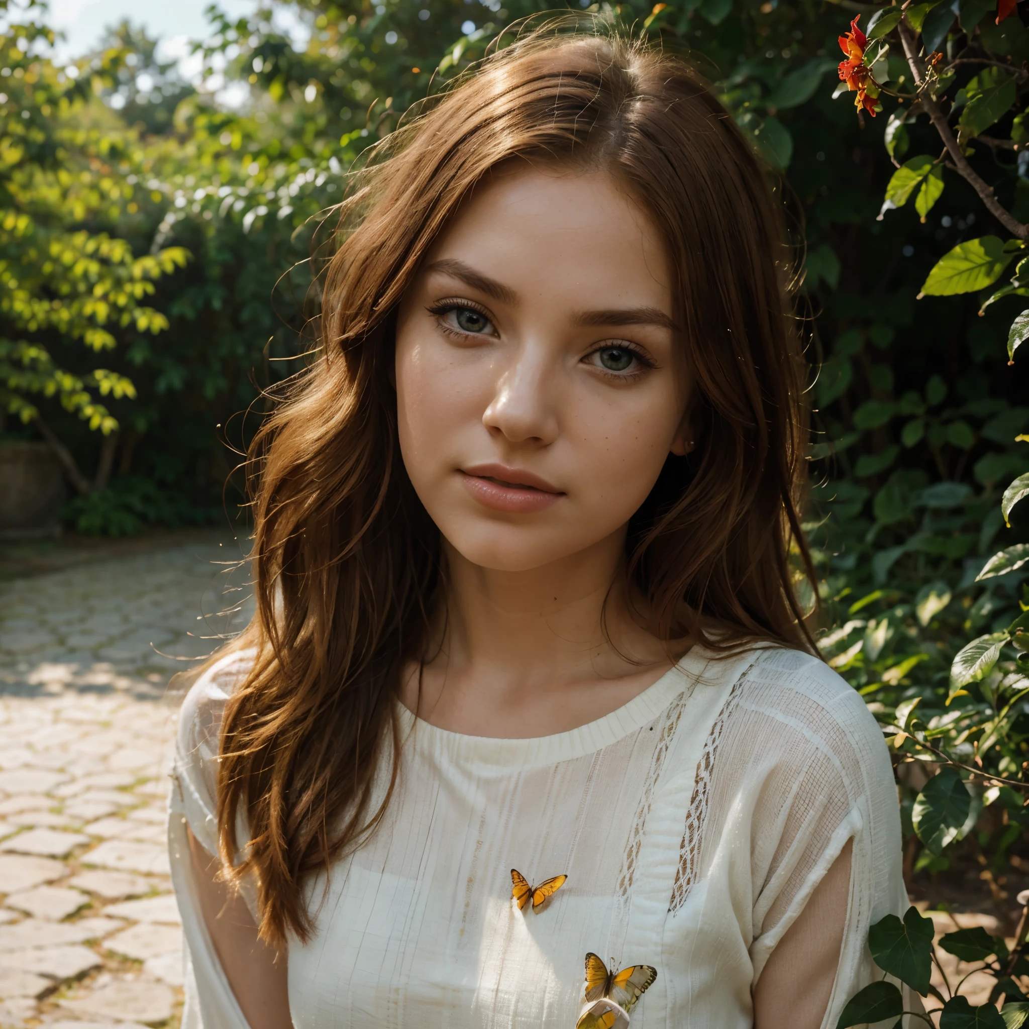 RAW uhd portrait of 24-year-old blonde, Natural red hair, castles, Wavy, (brown-eyed woman) detailed beautiful eyes, full red lips, extremely detailed facial features, long eyelashes, outdoor sunny day, warm sunlight, soft shadows, picturesque garden, vibrant plants and flowers, colorful butterflies, tranquil atmosphere, realistic portrait, high-resolution masterpiece:1.2, vivid colors, fine brushstrokes, natural skin tones, radiant complexion, professional lighting, dreamy ambiance, photorealistic rendering, full body. Prehistory, space cadet, mid shot, very beautiful, detailed golden space suit, standing in tropical forest, sunset, peaceful atmosphere, vibrant, colorful (Red Summer Dress), (cutout), Detailed (textures!, Hair!, brightness, Color!, imperfections:1.1), High detail of light eyes, (looking at the camera), specular lighting, dslr, ultra quality, sharp-focus, Sharp, Depth of field, Film grain, (centered), Fujifilm XT3, Crystal clear, The center of the frame, cute face, sharp-focus, bokeh, (dimly lit), Low key, (day sky) day.
