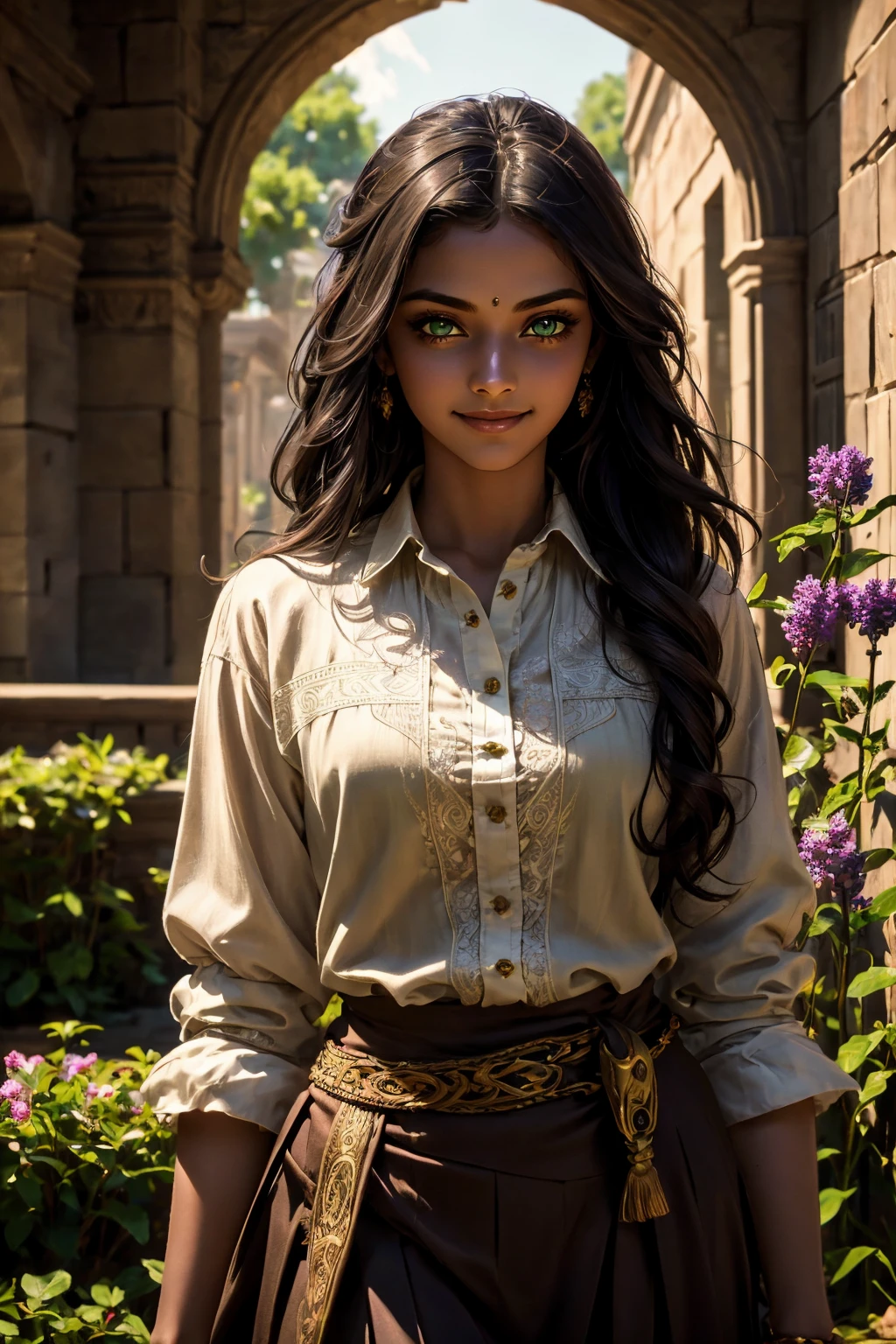 A stunning Indian beauty, with dark brown-black long wavy long hair, with mesmerizing feature with a Hopeful smiling expression, finely detailed eyes, happy mood masterpiece, top quality, best quality, official art, beautiful and aesthetic:1.2), (1girl), extreme detailed,(fractal art:1.3), colorful, highest detailed, (masterpiece, best quality:1.3) 1 bright-green-eyed woman, professional digital painting, Unreal Engine 5. In a 1920 setting, holding lavender flowers at a Lavender flower farm, wearing 1930 style clothing, South-Indian woman, olive-skinned woman, masterpiece, top quality, best quality, official art, beautiful and aesthetic:1.2), (1girl), extreme detailed,(fractal art:1.3), colorful, highest detailed, (masterpiece, best quality:1.3) 1 green-eyed woman, professional digital painting, Unreal Engine 5. Wearing embroidered linen blouse, Wearing long pleated skirt, Wearing Moleskin Field Jacket. Long hair, hopeful expression, finely detailed eyes, smiling, epic scene, epic composition, Cinematic Lighting, Volumetric Lighting, ethereal light, intricate details, extremely detailed volumetric rays. Green Eyes. [Beautiful girl, linen shirt and pants, oil painting, Detailed facial features, Sunlight, bright colors, dramatic lighting, expressive eyes and lips, High Resolution, 4K quality, Photorealistic] 1920 clothing, 1930 clothing, red, orange, yellow, blue, purple, pink,
