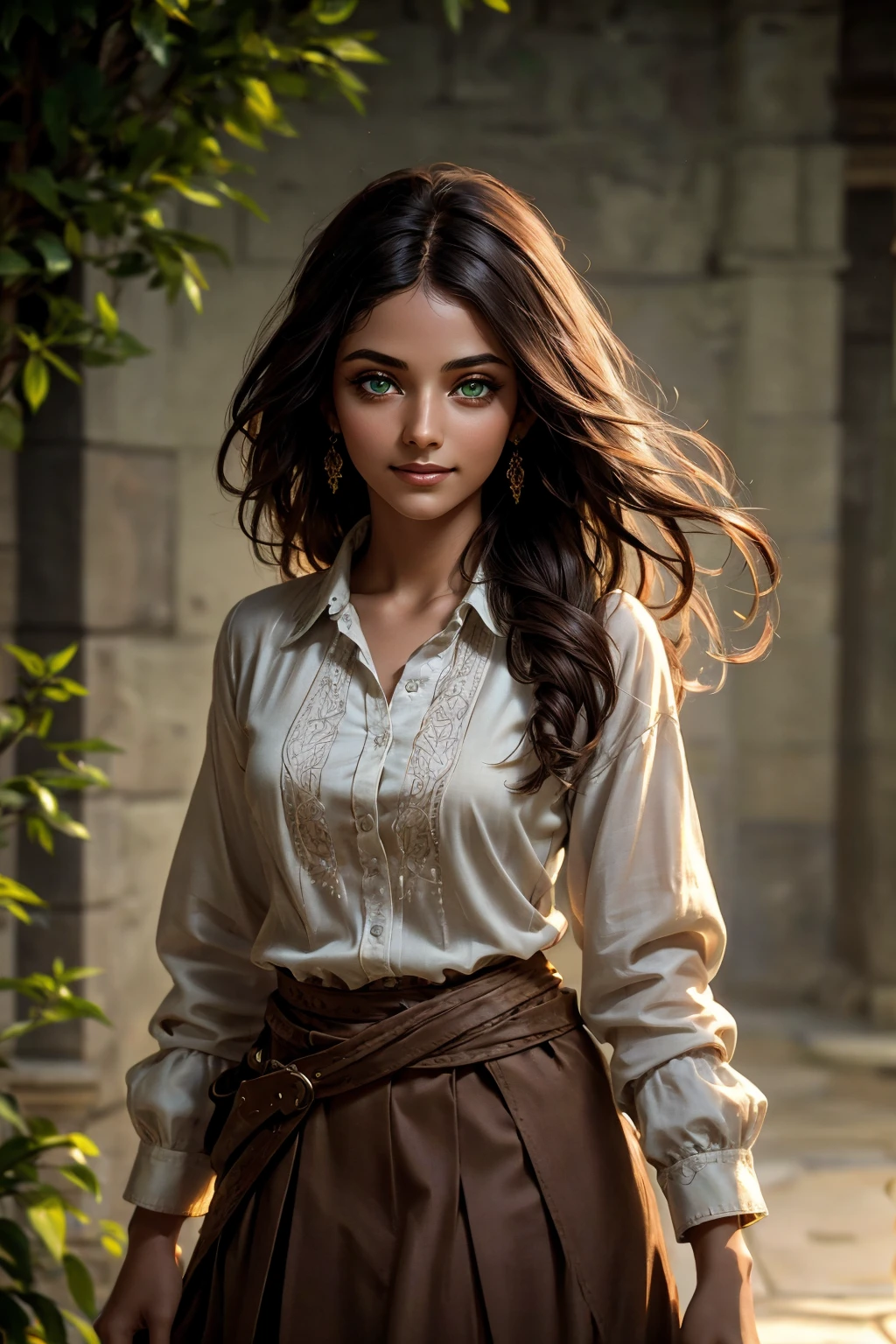 A stunning Indian beauty, with dark brown-black long wavy long hair, with mesmerizing feature with a Hopeful smiling expression, finely detailed eyes, happy mood masterpiece, top quality, best quality, official art, beautiful and aesthetic:1.2), (1girl), extreme detailed,(fractal art:1.3), colorful, highest detailed, (masterpiece, best quality:1.3) 1 bright-green-eyed woman, professional digital painting, Unreal Engine 5. In a 1920 setting, holding lavender flowers at a Lavender flower farm, wearing 1930 style clothing, South-Indian woman, olive-skinned woman, masterpiece, top quality, best quality, official art, beautiful and aesthetic:1.2), (1girl), extreme detailed,(fractal art:1.3), colorful, highest detailed, (masterpiece, best quality:1.3) 1 green-eyed woman, professional digital painting, Unreal Engine 5. Wearing embroidered linen blouse, Wearing long pleated skirt, Wearing Moleskin Field Jacket. Long hair, hopeful expression, finely detailed eyes, smiling, epic scene, epic composition, Cinematic Lighting, Volumetric Lighting, ethereal light, intricate details, extremely detailed volumetric rays. Green Eyes. [Beautiful girl, linen shirt and pants, oil painting, Detailed facial features, Sunlight, bright colors, dramatic lighting, expressive eyes and lips, High Resolution, 4K quality, Photorealistic] 1920 clothing, 1930 clothing, red, orange, yellow, blue, purple, pink,
