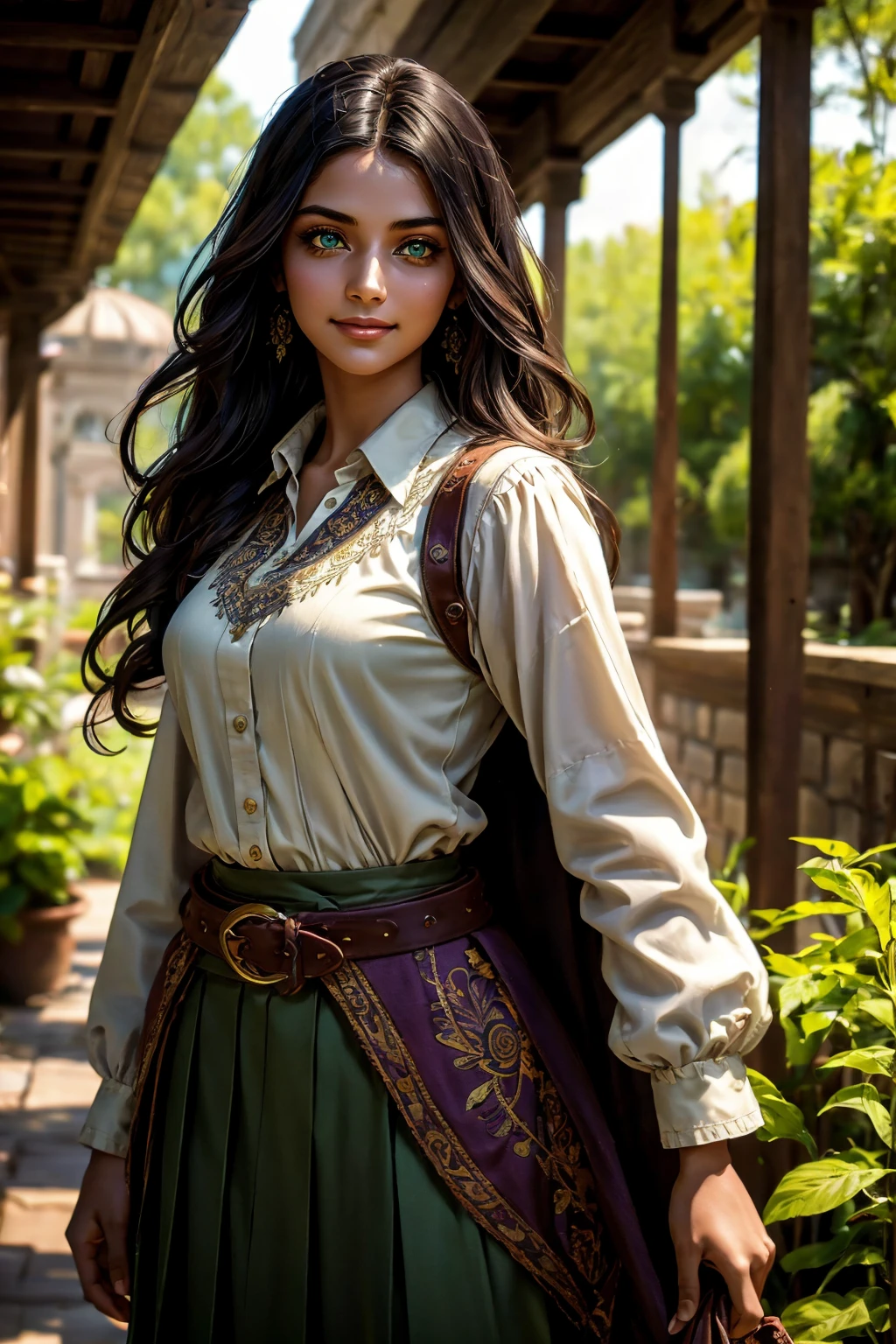 A stunning Indian beauty, with dark brown-black long wavy long hair, with mesmerizing feature with a Hopeful smiling expression, finely detailed eyes, happy mood masterpiece, top quality, best quality, official art, beautiful and aesthetic:1.2), (1girl), extreme detailed,(fractal art:1.3), colorful, highest detailed, (masterpiece, best quality:1.3) 1 bright-green-eyed woman, professional digital painting, Unreal Engine 5. In a 1920 setting, holding lavender flowers at a Lavender flower farm, wearing 1930 style clothing, South-Indian woman, olive-skinned woman, masterpiece, top quality, best quality, official art, beautiful and aesthetic:1.2), (1girl), extreme detailed,(fractal art:1.3), colorful, highest detailed, (masterpiece, best quality:1.3) 1 green-eyed woman, professional digital painting, Unreal Engine 5. Wearing embroidered linen blouse, Wearing long pleated skirt, Wearing Moleskin Field Jacket. Long hair, hopeful expression, finely detailed eyes, smiling, epic scene, epic composition, Cinematic Lighting, Volumetric Lighting, ethereal light, intricate details, extremely detailed volumetric rays. Green Eyes. [Beautiful girl, linen shirt and pants, oil painting, Detailed facial features, Sunlight, bright colors, dramatic lighting, expressive eyes and lips, High Resolution, 4K quality, Photorealistic] 1920 clothing, 1930 clothing, red, orange, yellow, blue, purple, pink,
