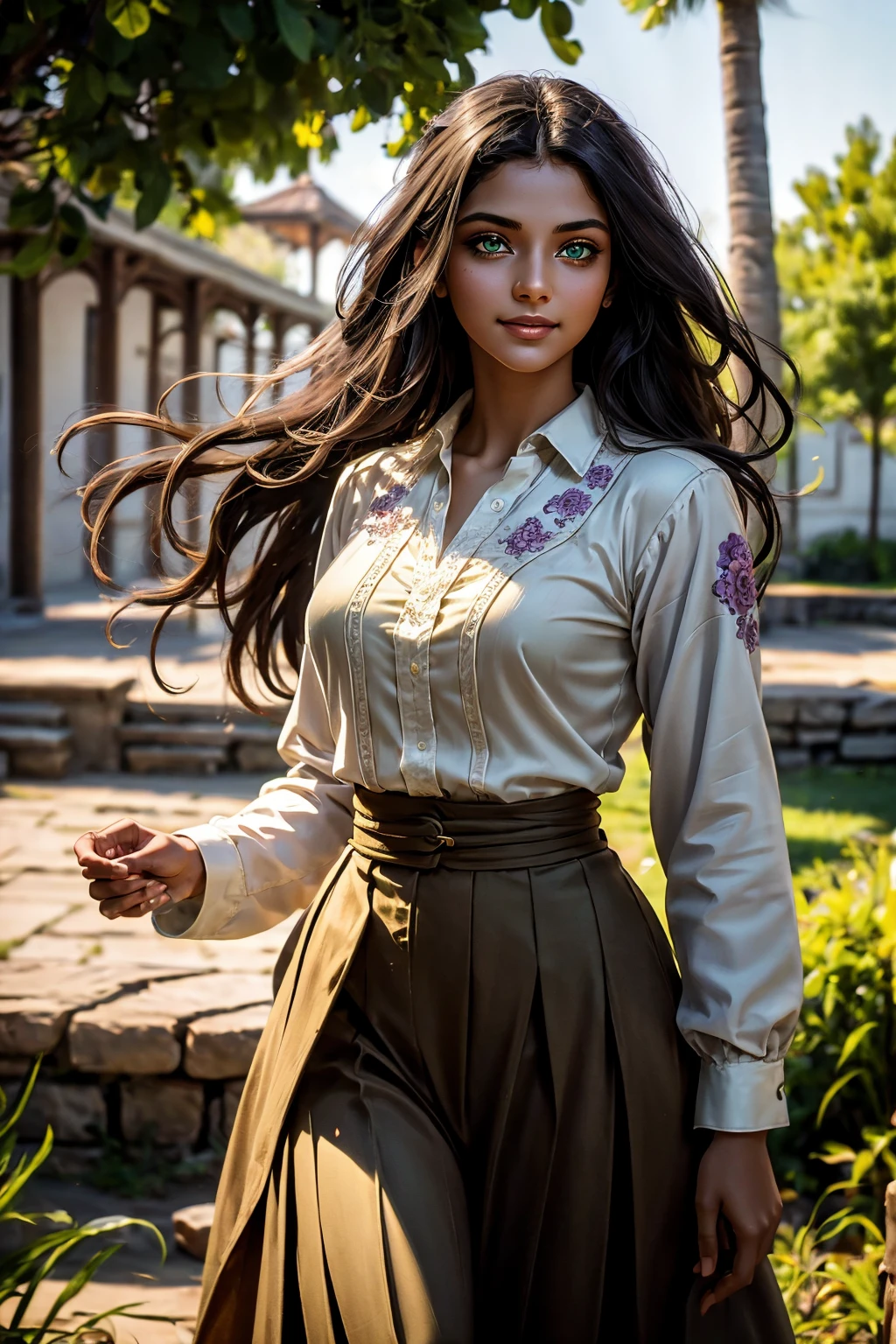 A stunning Indian beauty, with dark brown-black long wavy long hair, with mesmerizing feature with a Hopeful smiling expression, finely detailed eyes, happy mood masterpiece, top quality, best quality, official art, beautiful and aesthetic:1.2), (1girl), extreme detailed,(fractal art:1.3), colorful, highest detailed, (masterpiece, best quality:1.3) 1 bright-green-eyed woman, professional digital painting, Unreal Engine 5. In a 1920 setting, holding lavender flowers at a Lavender flower farm, wearing 1930 style clothing, South-Indian woman, olive-skinned woman, masterpiece, top quality, best quality, official art, beautiful and aesthetic:1.2), (1girl), extreme detailed,(fractal art:1.3), colorful, highest detailed, (masterpiece, best quality:1.3) 1 green-eyed woman, professional digital painting, Unreal Engine 5. Wearing embroidered linen blouse, Wearing long pleated skirt, Wearing Moleskin Field Jacket. Long hair, hopeful expression, finely detailed eyes, smiling, epic scene, epic composition, Cinematic Lighting, Volumetric Lighting, ethereal light, intricate details, extremely detailed volumetric rays. Green Eyes. [Beautiful girl, linen shirt and pants, oil painting, Detailed facial features, Sunlight, bright colors, dramatic lighting, expressive eyes and lips, High Resolution, 4K quality, Photorealistic] 1920 clothing, 1930 clothing, red, orange, yellow, blue, purple, pink,
