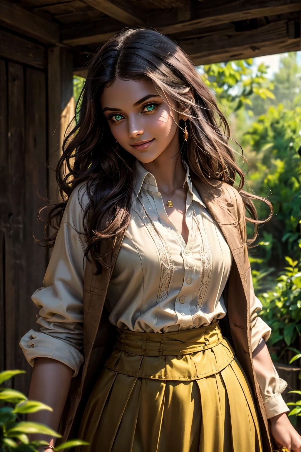 A stunning Indian beauty, with dark brown-black long wavy long hair, with mesmerizing feature with a Hopeful smiling expression, finely detailed eyes, happy mood masterpiece, top quality, best quality, official art, beautiful and aesthetic:1.2), (1girl), extreme detailed,(fractal art:1.3), colorful, highest detailed, (masterpiece, best quality:1.3) 1 bright-green-eyed woman, professional digital painting, Unreal Engine 5. In a 1920 setting, holding lavender flowers at a Lavender flower farm, wearing 1930 style clothing, South-Indian woman, olive-skinned woman, masterpiece, top quality, best quality, official art, beautiful and aesthetic:1.2), (1girl), extreme detailed,(fractal art:1.3), colorful, highest detailed, (masterpiece, best quality:1.3) 1 green-eyed woman, professional digital painting, Unreal Engine 5. Wearing embroidered linen blouse, Wearing long pleated skirt, Wearing Moleskin Field Jacket. Long hair, hopeful expression, finely detailed eyes, smiling, epic scene, epic composition, Cinematic Lighting, Volumetric Lighting, ethereal light, intricate details, extremely detailed volumetric rays. Green Eyes. [Beautiful girl, linen shirt and pants, oil painting, Detailed facial features, Sunlight, bright colors, dramatic lighting, expressive eyes and lips, High Resolution, 4K quality, Photorealistic] 1920 clothing, 1930 clothing, red, orange, yellow, blue, purple, pink,
