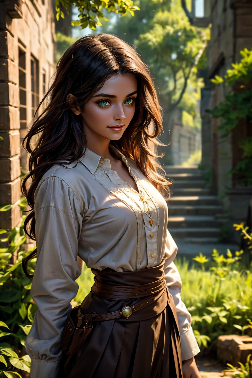 A stunning Indian beauty, with dark brown-black long wavy long hair, with mesmerizing feature with a Hopeful smiling expression, finely detailed eyes, happy mood masterpiece, top quality, best quality, official art, beautiful and aesthetic:1.2), (1girl), extreme detailed,(fractal art:1.3), colorful, highest detailed, (masterpiece, best quality:1.3) 1 bright-green-eyed woman, professional digital painting, Unreal Engine 5. In a 1920 setting, holding lavender flowers at a Lavender flower farm, wearing 1930 style clothing, South-Indian woman, olive-skinned woman, masterpiece, top quality, best quality, official art, beautiful and aesthetic:1.2), (1girl), extreme detailed,(fractal art:1.3), colorful, highest detailed, (masterpiece, best quality:1.3) 1 green-eyed woman, professional digital painting, Unreal Engine 5. Wearing embroidered linen blouse, Wearing long pleated skirt, Wearing Moleskin Field Jacket. Long hair, hopeful expression, finely detailed eyes, smiling, epic scene, epic composition, Cinematic Lighting, Volumetric Lighting, ethereal light, intricate details, extremely detailed volumetric rays. Green Eyes. [Beautiful girl, linen shirt and pants, oil painting, Detailed facial features, Sunlight, bright colors, dramatic lighting, expressive eyes and lips, High Resolution, 4K quality, Photorealistic] 1920 clothing, 1930 clothing, red, orange, yellow, blue, purple, pink,
