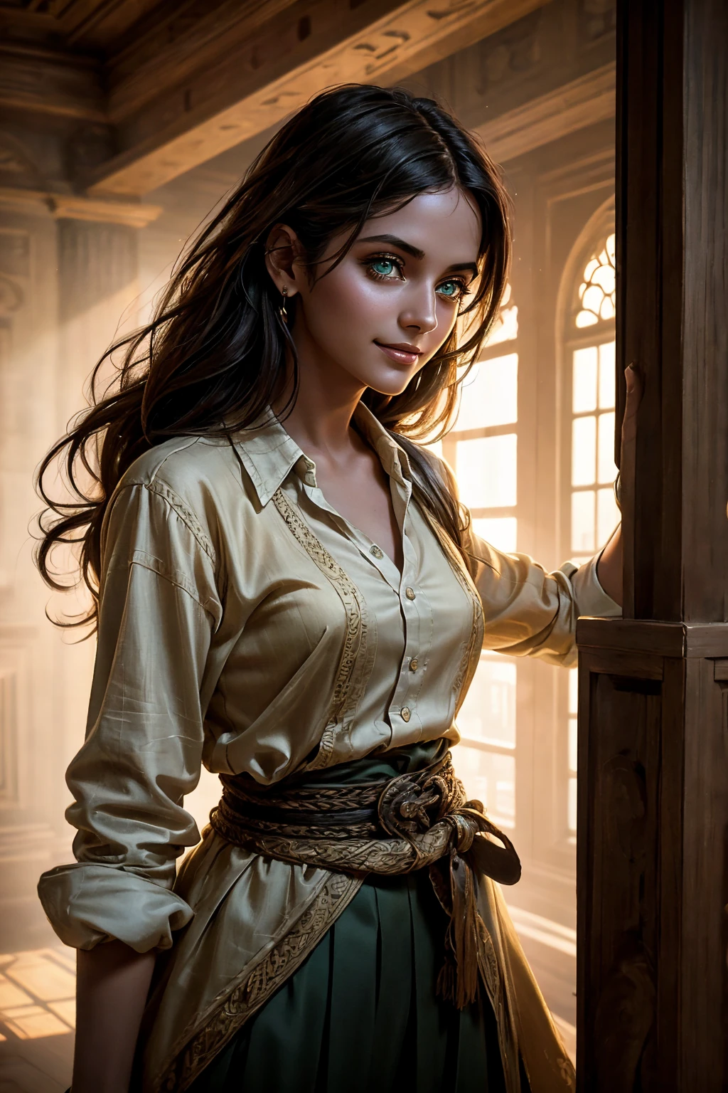 A stunning Indian beauty, with dark brown-black long wavy long hair, with mesmerizing feature with a Hopeful smiling expression, finely detailed eyes, happy mood masterpiece, top quality, best quality, official art, beautiful and aesthetic:1.2), (1girl), extreme detailed,(fractal art:1.3), colorful, highest detailed, (masterpiece, best quality:1.3) 1 bright-green-eyed woman, professional digital painting, Unreal Engine 5. In a 1920 setting, holding lavender flowers at a Lavender flower farm, wearing 1930 style clothing, South-Indian woman, olive-skinned woman, masterpiece, top quality, best quality, official art, beautiful and aesthetic:1.2), (1girl), extreme detailed,(fractal art:1.3), colorful, highest detailed, (masterpiece, best quality:1.3) 1 green-eyed woman, professional digital painting, Unreal Engine 5. Wearing embroidered linen blouse, Wearing long pleated skirt, Wearing Moleskin Field Jacket. Long hair, hopeful expression, finely detailed eyes, smiling, epic scene, epic composition, Cinematic Lighting, Volumetric Lighting, ethereal light, intricate details, extremely detailed volumetric rays. Green Eyes. [Beautiful girl, linen shirt and pants, oil painting, Detailed facial features, Sunlight, bright colors, dramatic lighting, expressive eyes and lips, High Resolution, 4K quality, Photorealistic] 1920 clothing, 1930 clothing, red, orange, yellow, blue, purple, pink,

