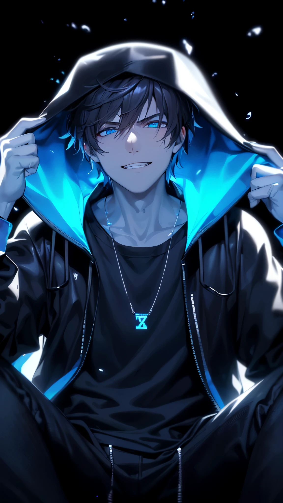 a handsome guy、serious expression、please close your mouth、He is wearing a black hoodie and has his hood up.、cool look、blue neon light、Highly Detailed CG Unity 8K Wallpaper, (super masterpiece, beautiful person, well detailed face polluted smile, It's photorealistic, hyper realistic)